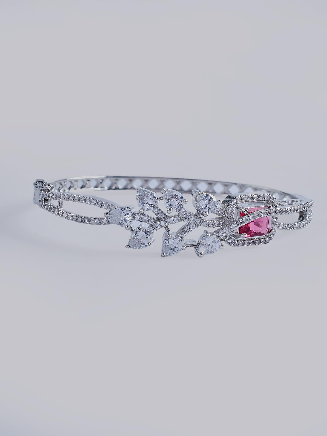 KAYRAH Silver Toned Pink Stone Crystal Floral Bracelet for Women