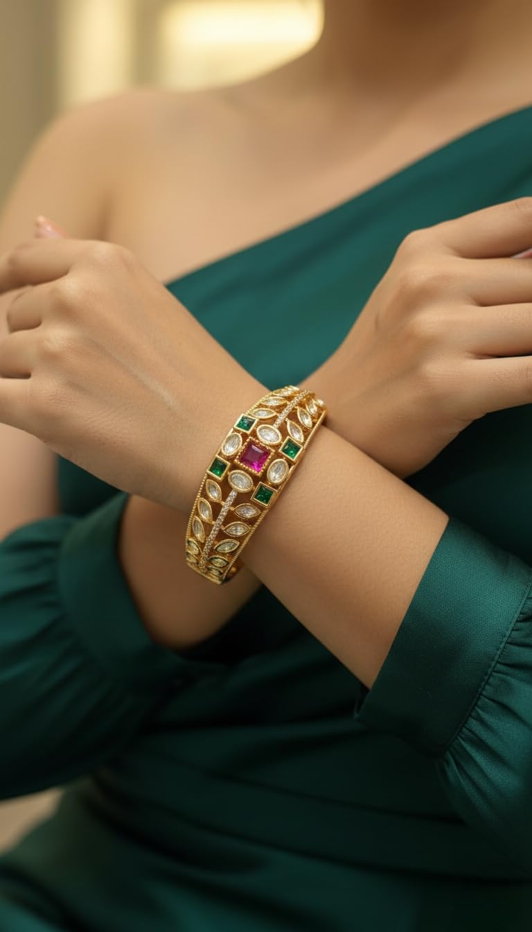 KAYRAH Gold Plated Green Pink Stone Studded Bangle for Women Elegant Fashion Jewellery