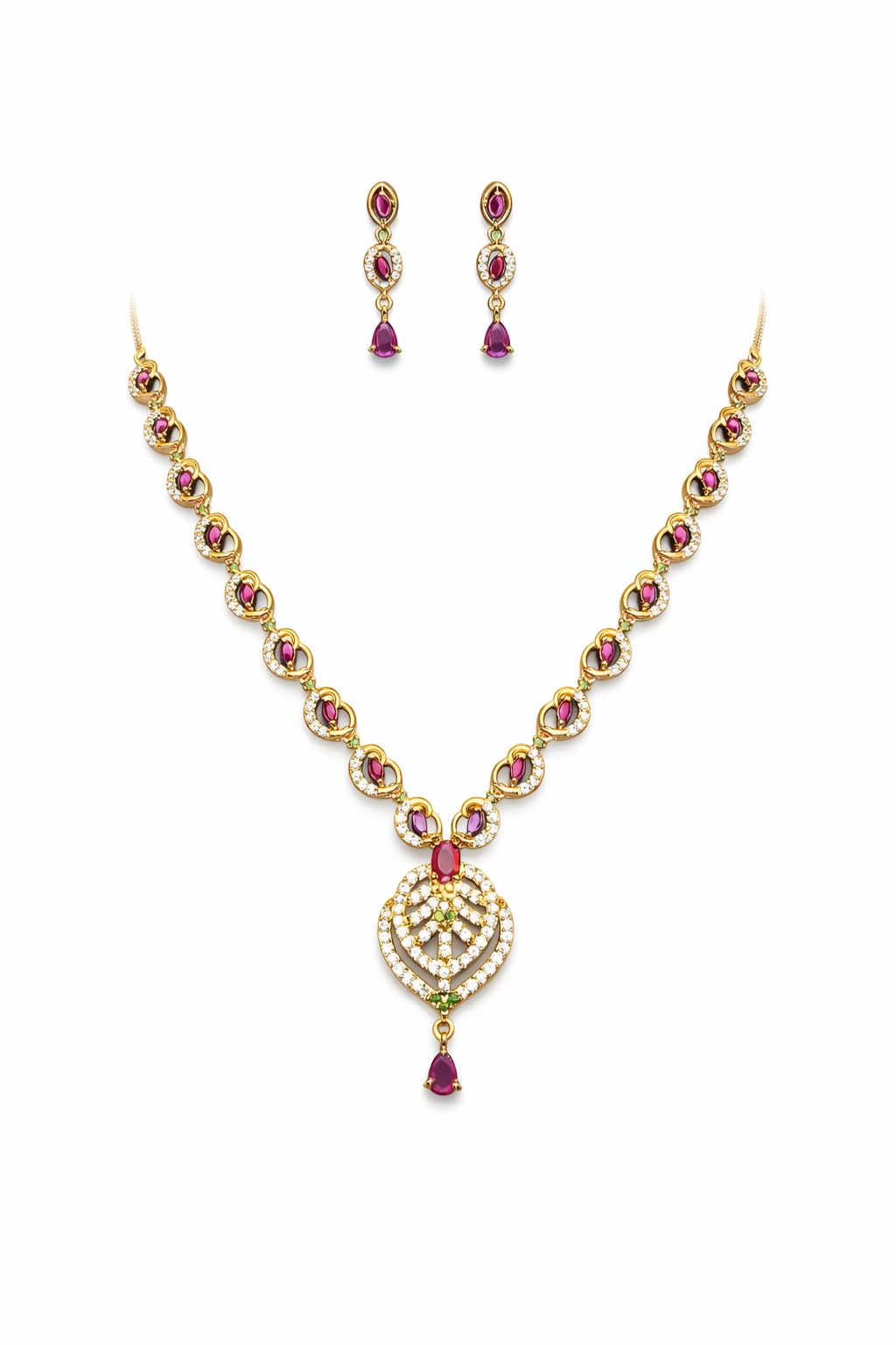 KAYRAH Gold Plated Brass Jewellery Set with Red Cubic Zirconia Stones, Drop Earrings, Fashion Style, for Wedding & Festive with Matching Earrings with Matching Earrings