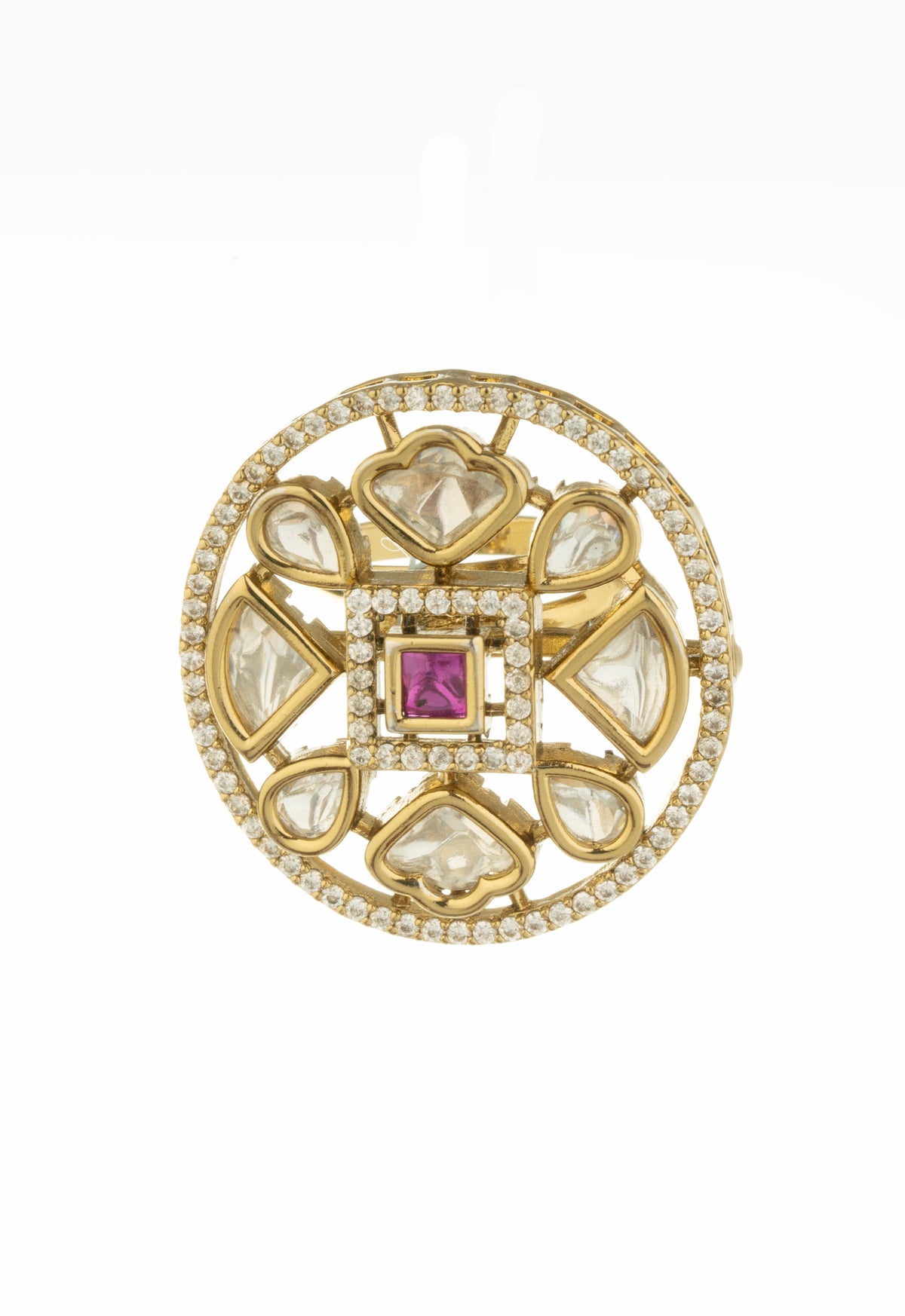 Gold Tone Floral Statement Ring with Pink Center Stone and Clear Accents for Women