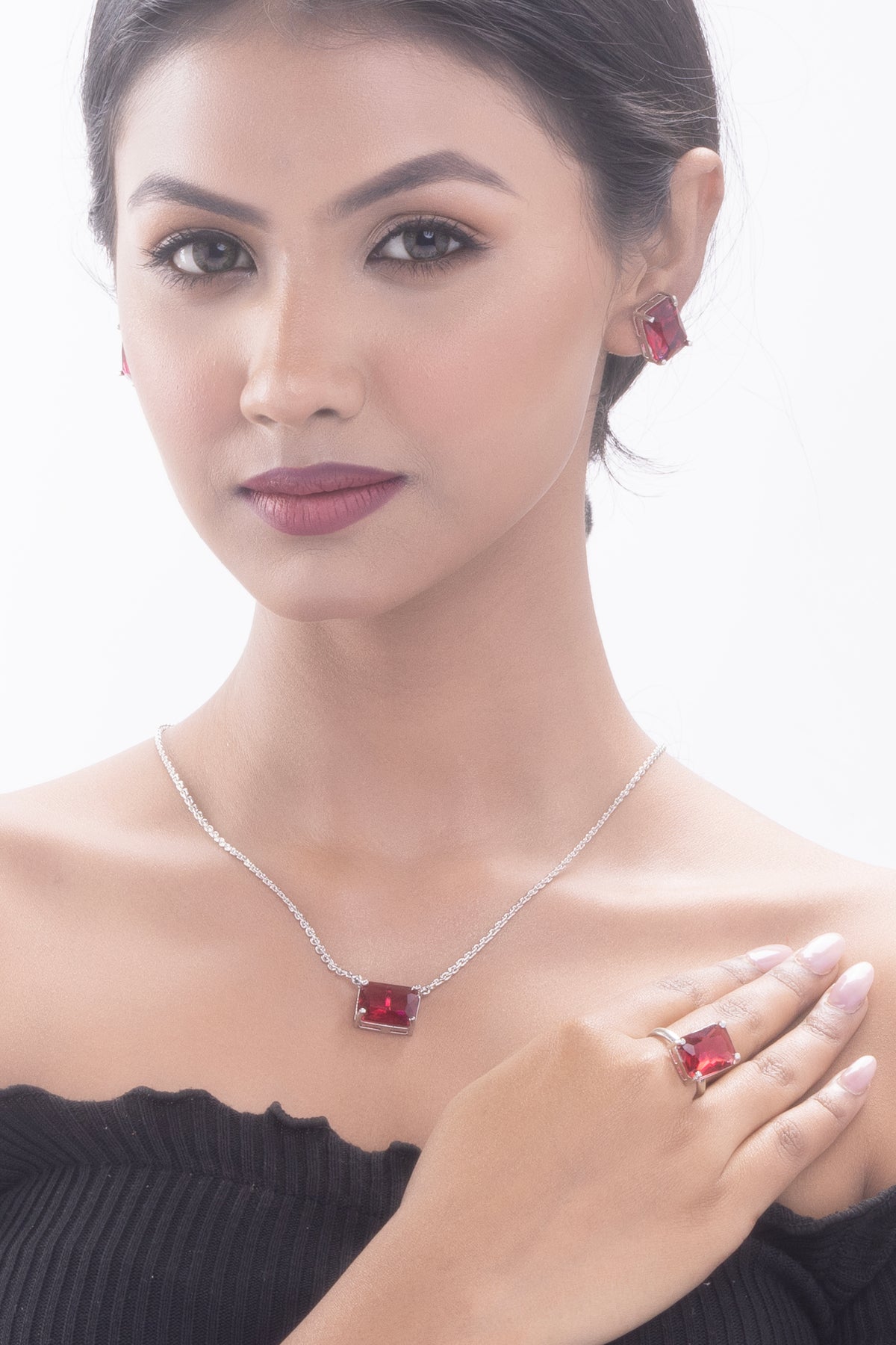 Ruby Red Rectangular Stone Necklace Earrings & Ring Set for Women