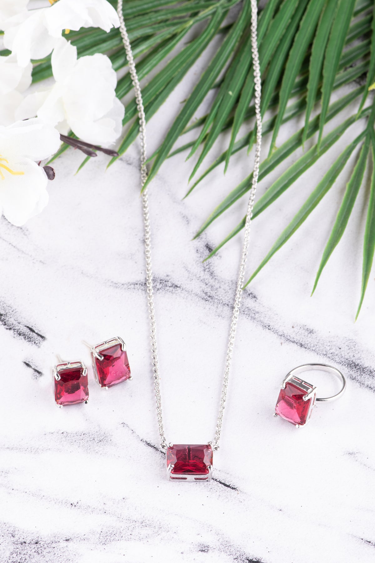 Ruby Red Rectangular Stone Necklace Earrings & Ring Set for Women