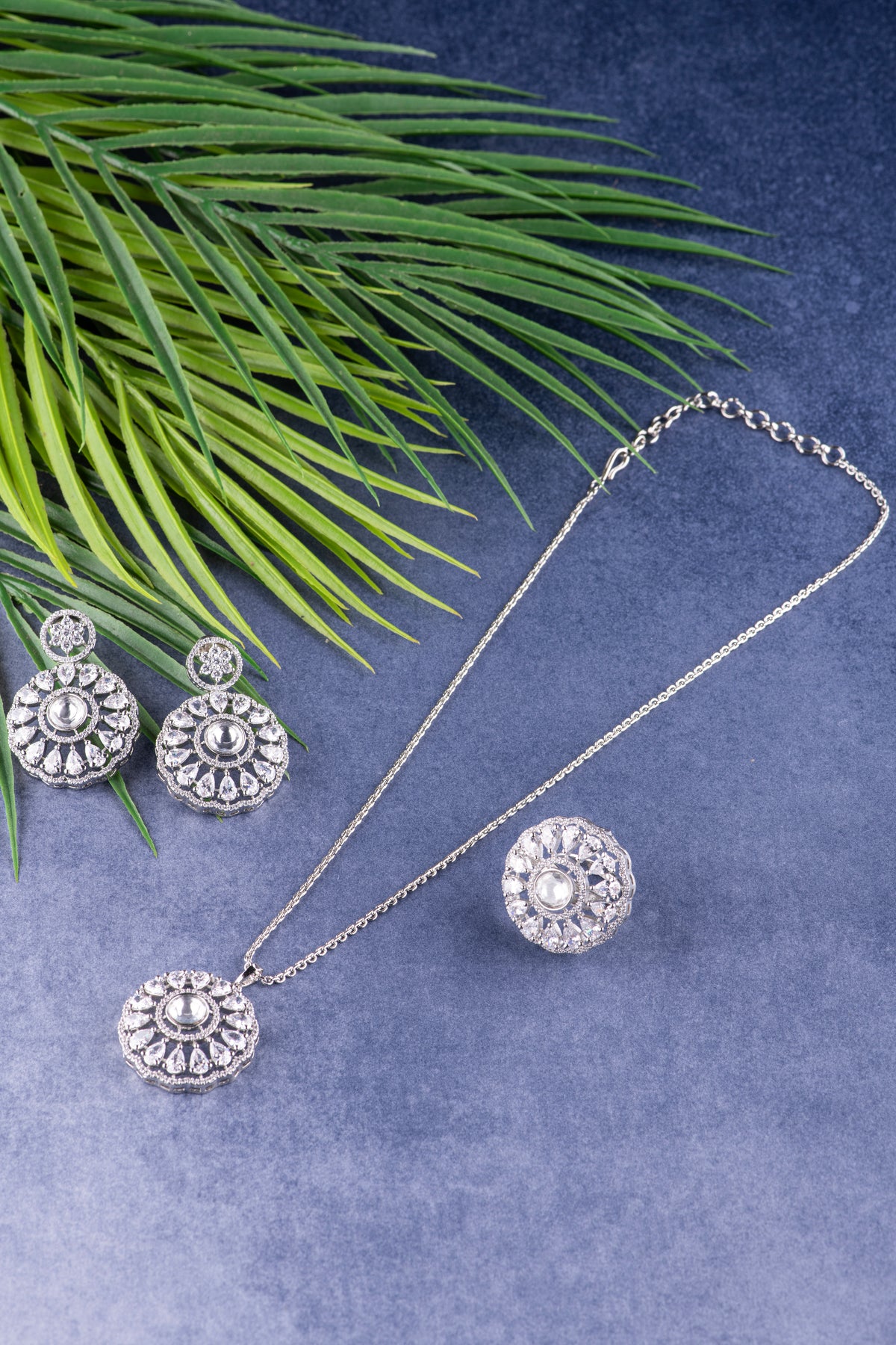Silver-Tone Round Pendant Necklace & Earrings Set for Women