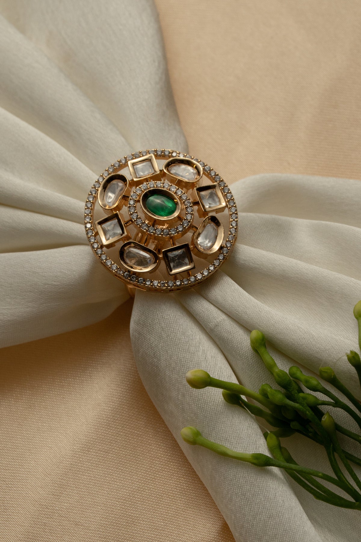 Gold-Tone Floral Statement Ring with Green Center Stone and Clear Accents for Women