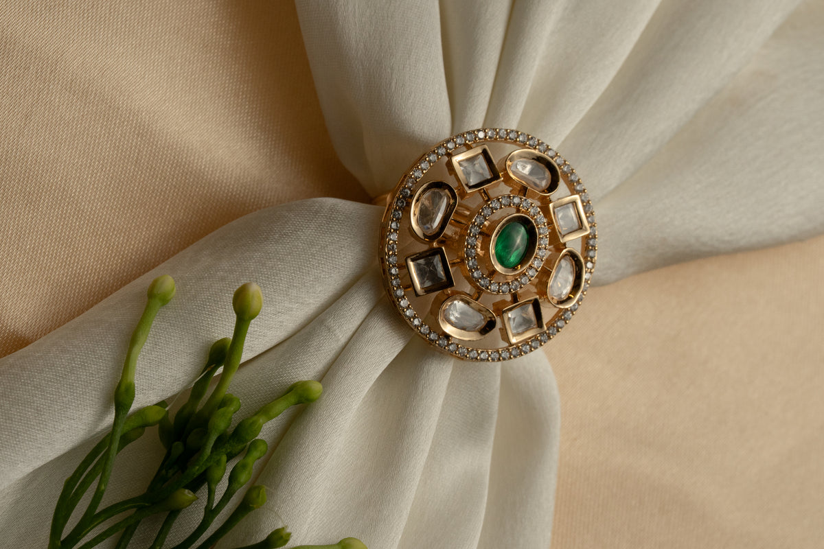 Gold-Tone Floral Statement Ring with Green Center Stone and Clear Accents for Women