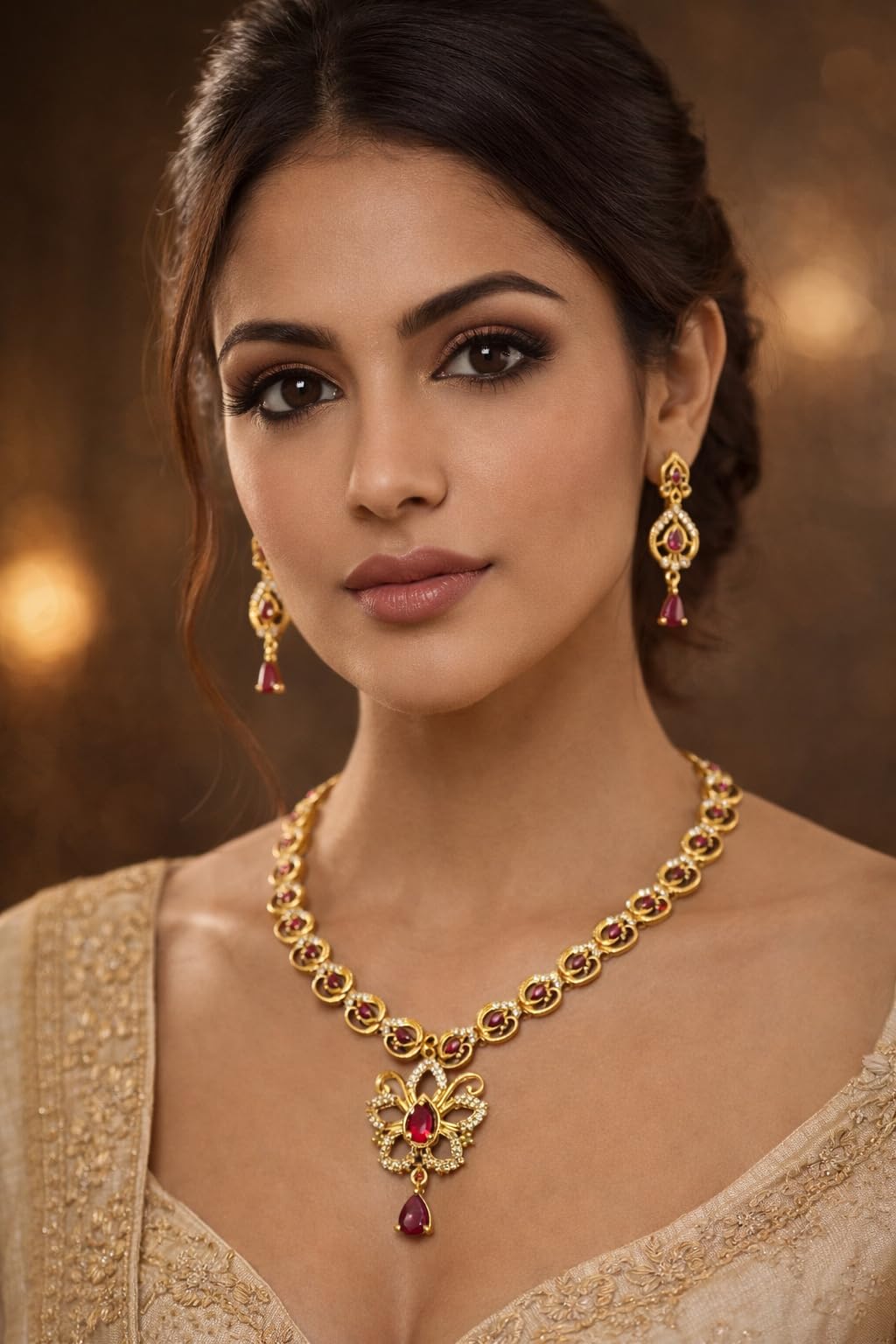 KAYRAH Gold Plated Necklace Set with Red and Green Cubic Zirconia Stones, Drop Earrings, Wedding and Festive with Matching Earrings with Matching Earrings