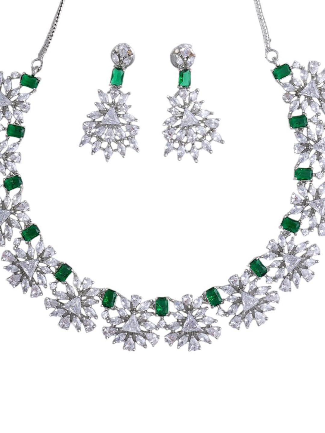 KAYRAH Women Green Brass Material Crafted CZ Stone Studed Necklace with Earrings with Matching Earrings with Matching Earrings