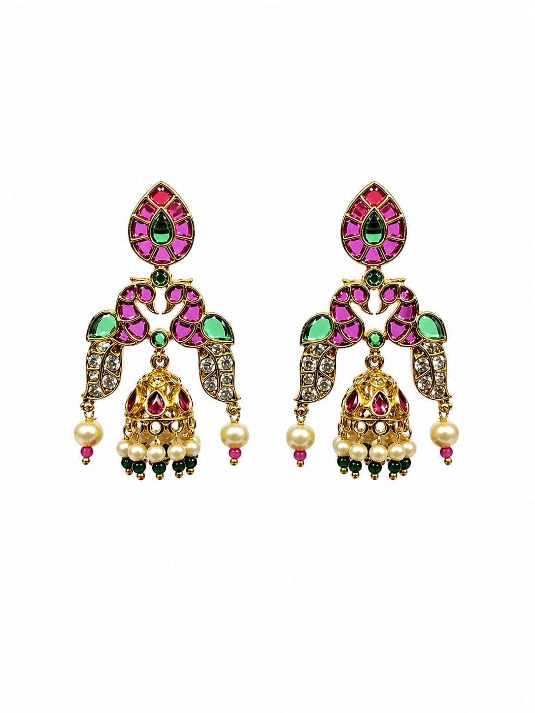 Gold Plated Pink Stone Jhumka Earrings for Women | Traditional Temple Jewellery Earrings for Girls | Bridal Drop Earrings | Gift for Women