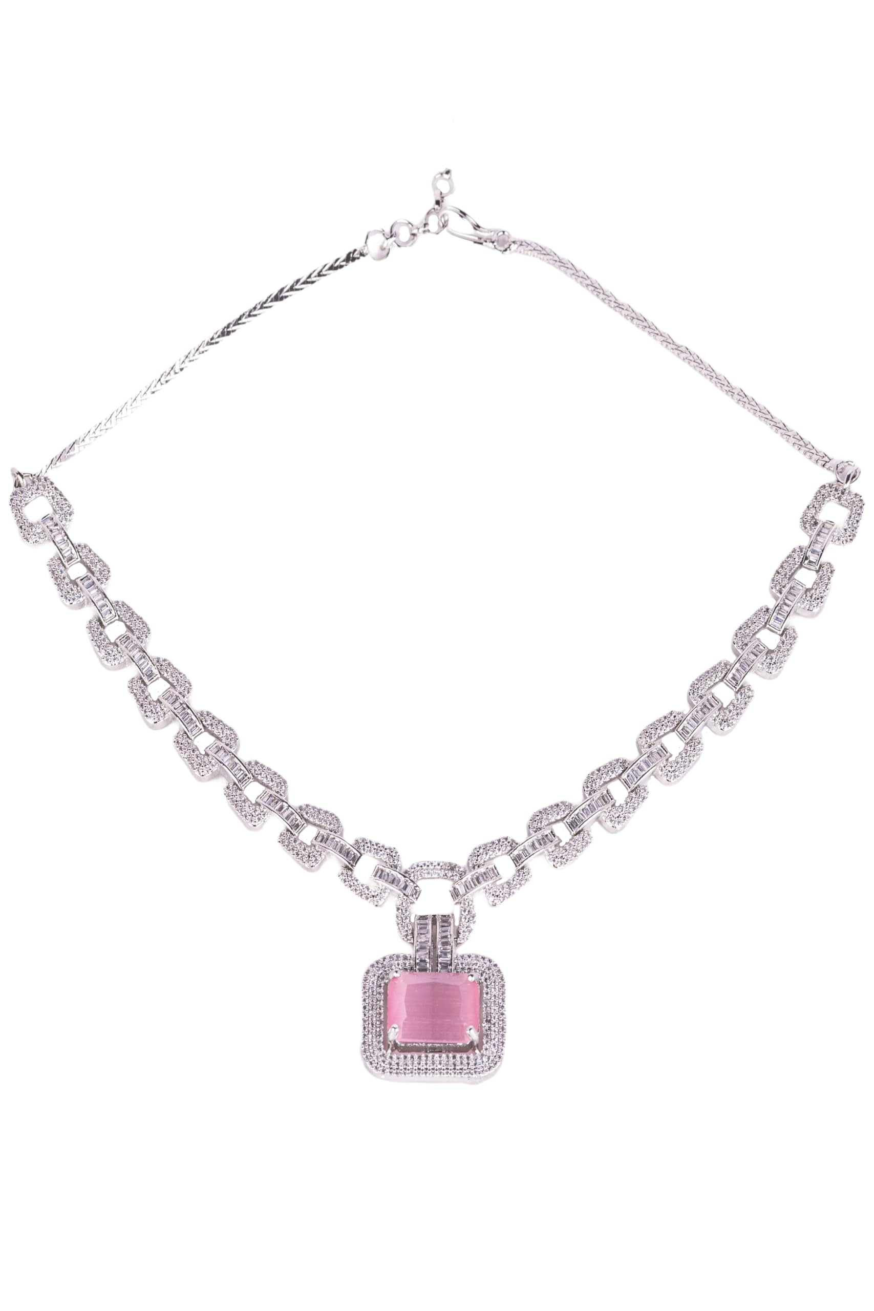 Kayrah Pink Crystal Geometric Pendant Necklace Set for Women | Designer CZ Statement Jewellery Set with Matching Earrings