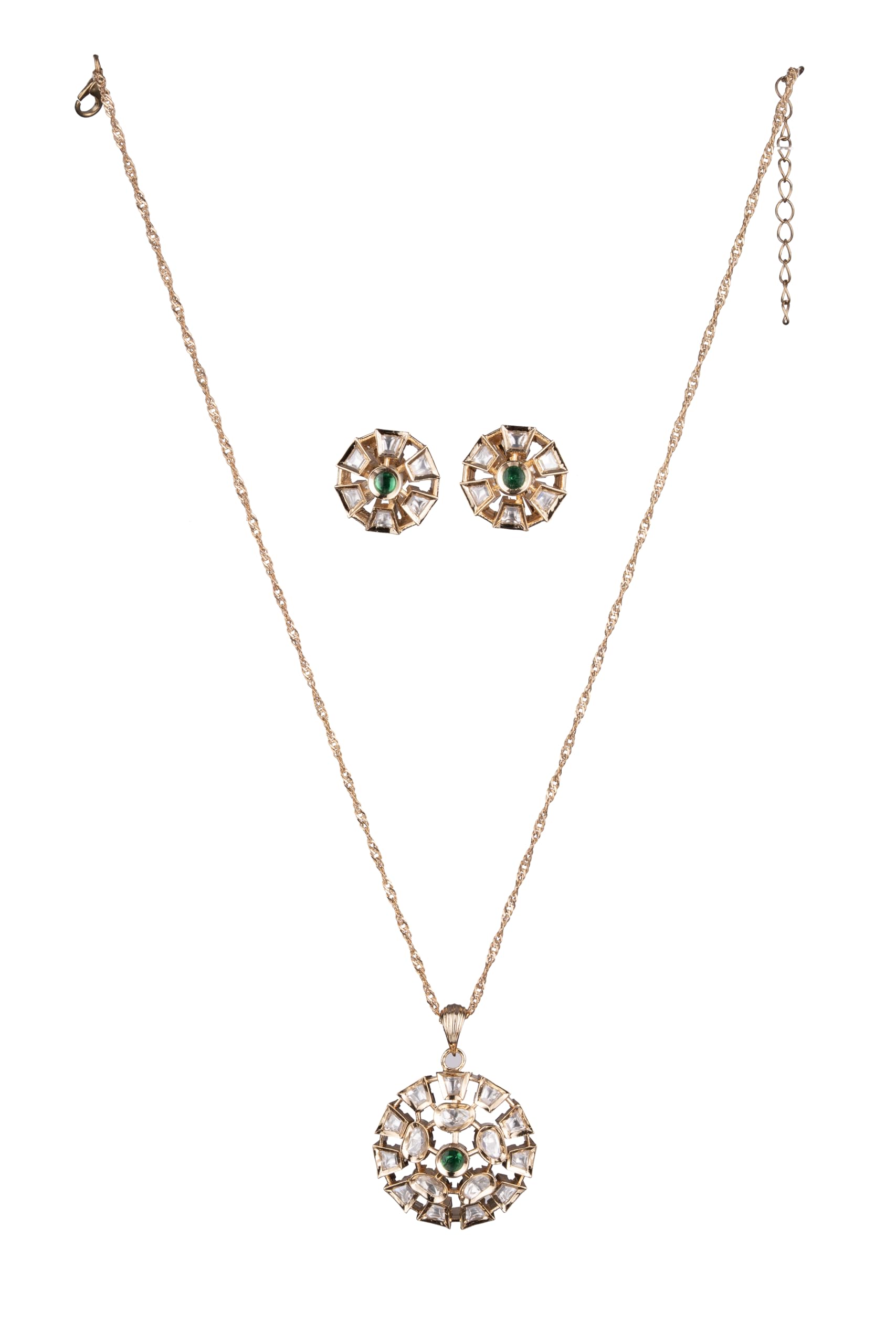 KAYRAH Women Green Brass Material Crafted Kundan Stone Studed Necklace with Earrings with Matching Earrings with Matching Earrings