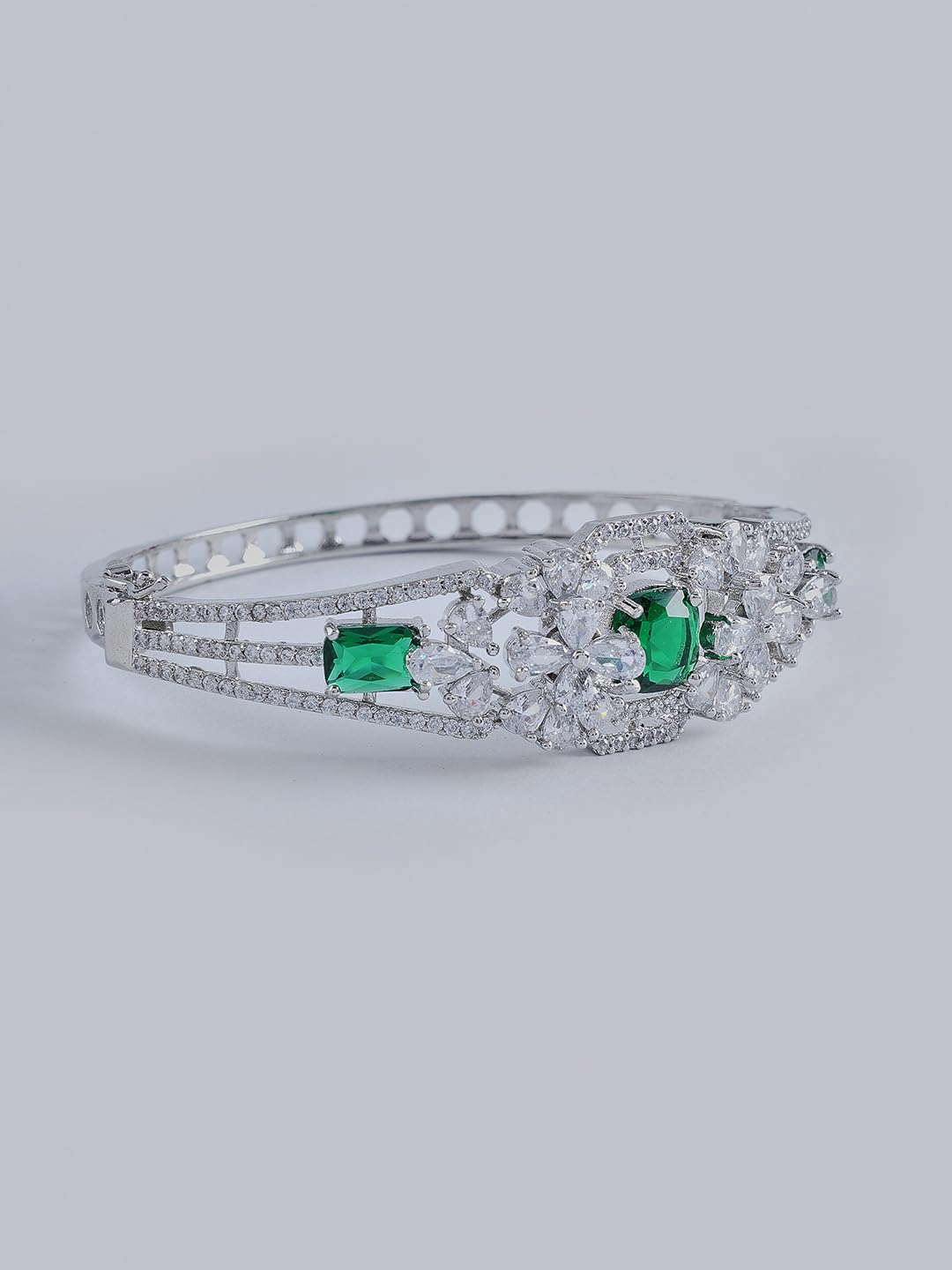 KAYRAH Silver Toned Green Stone Crystal Statement Bracelet for Women