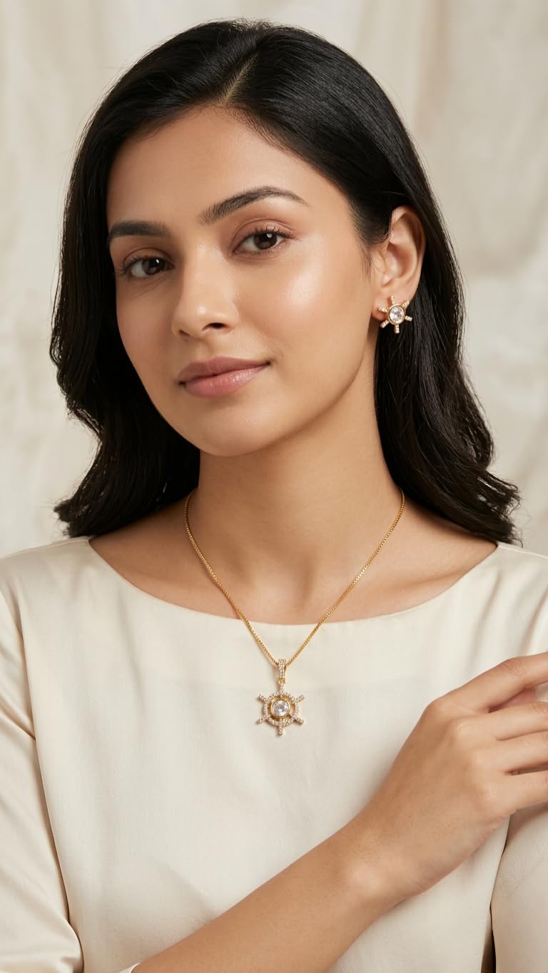 KAYRAH Gold Plated Emerald Green Cubic Zirconia Pendant Necklace Set for Women, with Matching Stud Earrings, Brass, Fashion Jewellery with Matching Earrings with Matching Earrings