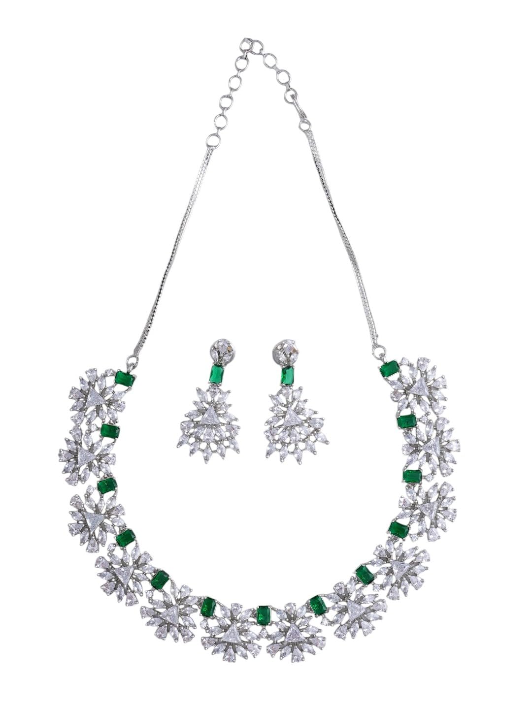 KAYRAH Women Green Brass Material Crafted CZ Stone Studed Necklace with Earrings with Matching Earrings with Matching Earrings
