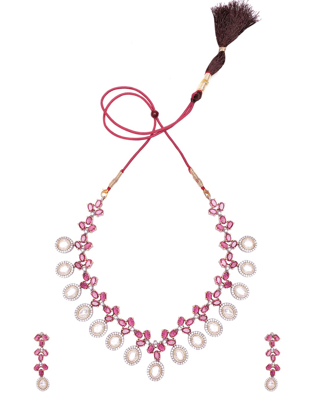 KAYRAH Silver Plated Pink Stone Necklace Set for Women Stylish with Matching Earrings with Matching Earrings