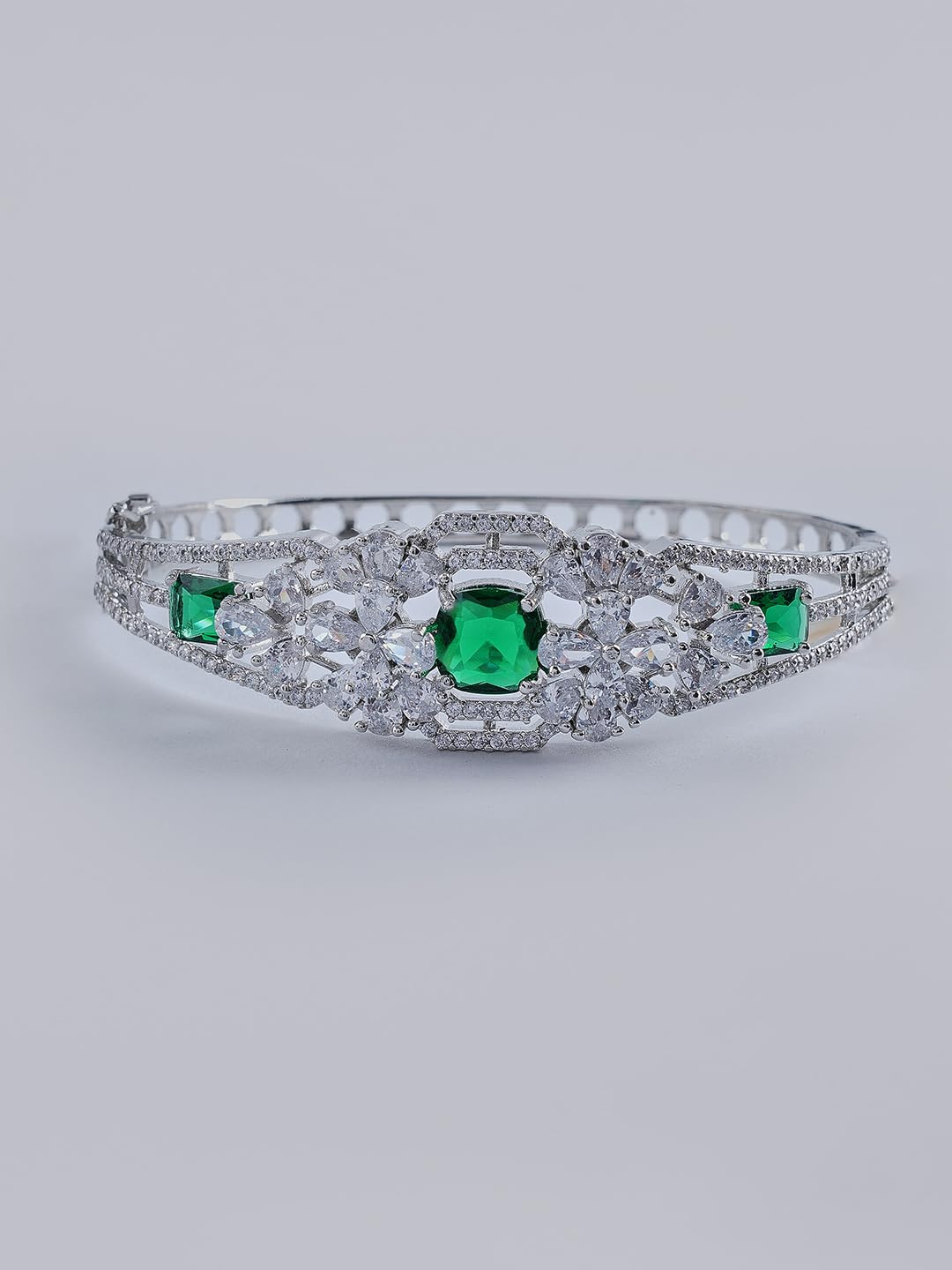 KAYRAH Silver Toned Green Stone Crystal Statement Bracelet for Women