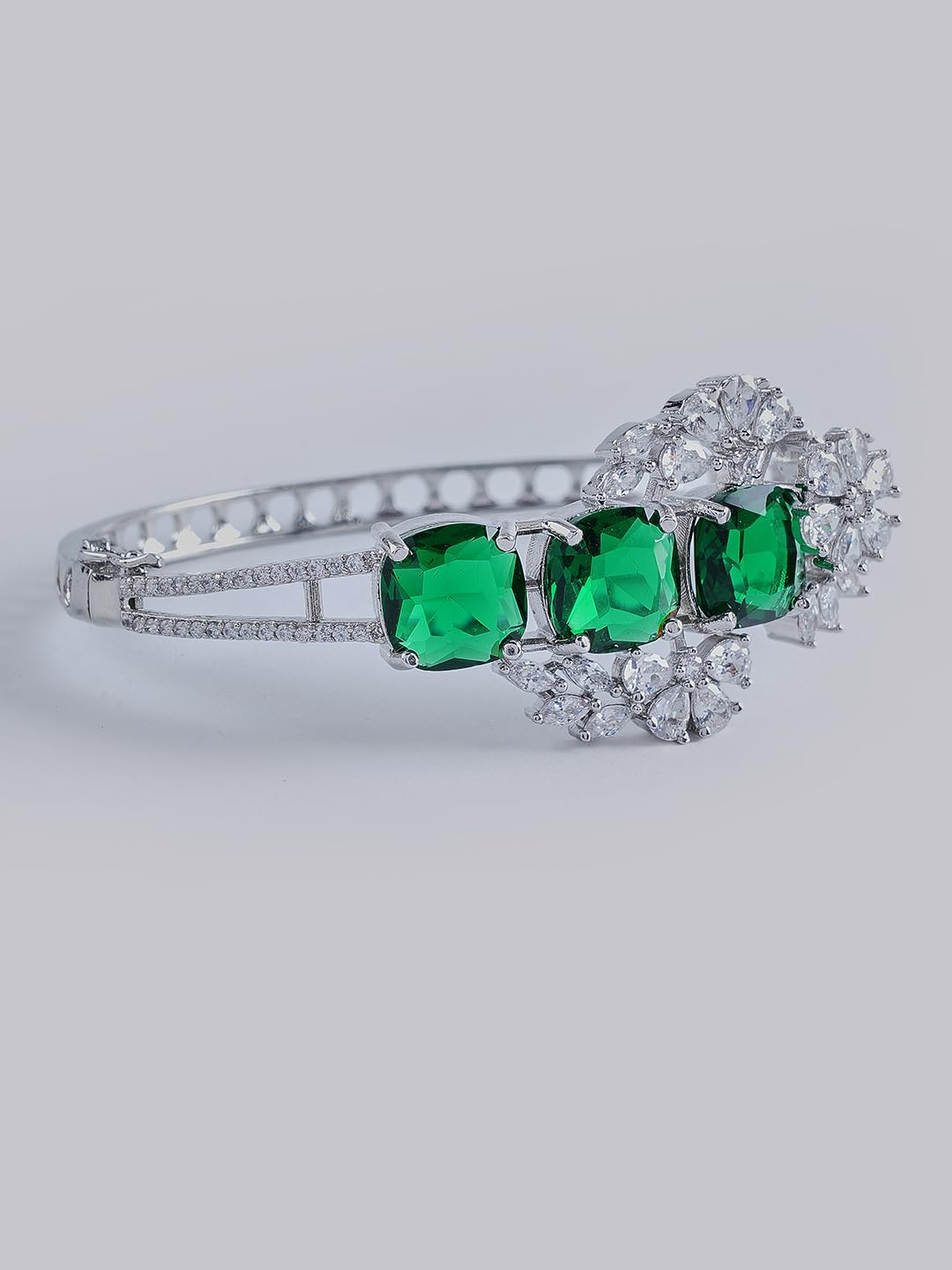KAYRAH Silver Toned Green Stone Floral Statement Bracelet for Women