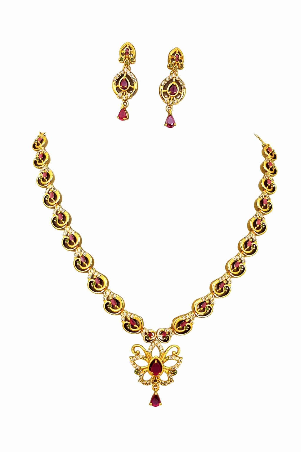 KAYRAH Gold Plated Necklace Set with Red and Green Cubic Zirconia Stones, Drop Earrings, Wedding and Festive with Matching Earrings with Matching Earrings