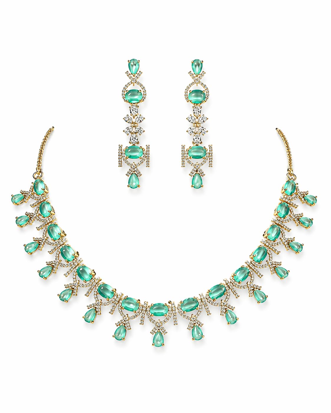 KAYRAH Gold Plated Emerald Green Cubic Zirconia Necklace Set with Earrings, Brass, Bridal Wedding Fashion with Matching Earrings with Matching Earrings