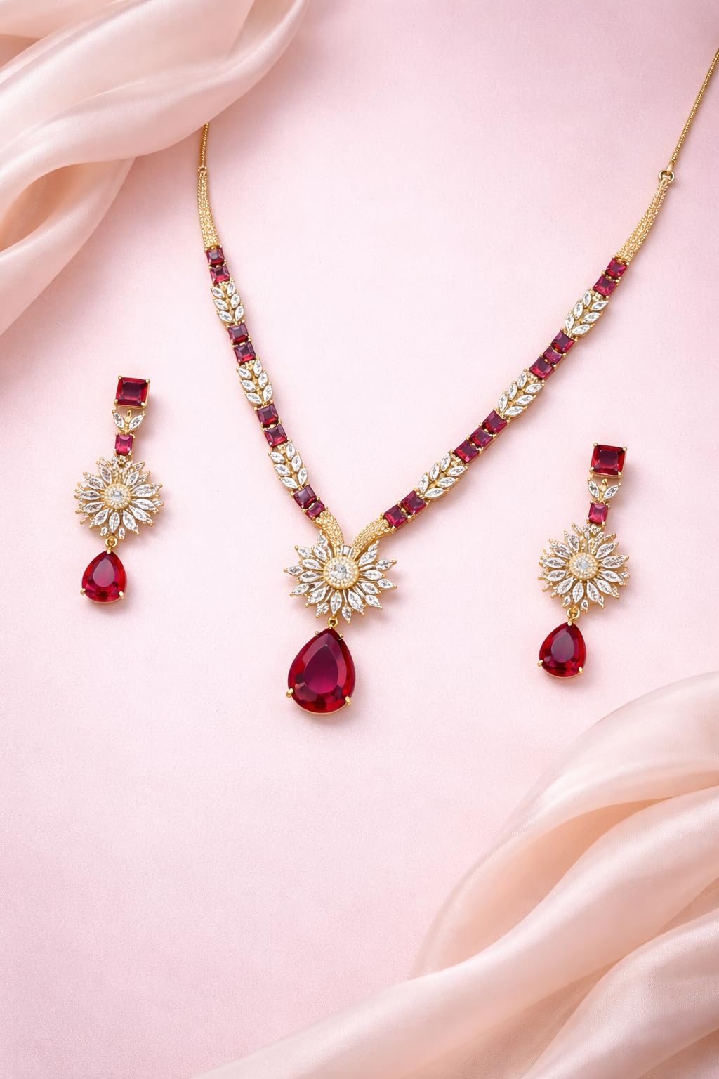 KAYRAH Gold Plated American Diamond Necklace Set with Green Stone Pendant and Earrings Wedding Jewellery for Women & Girls with Matching Earrings with Matching Earrings