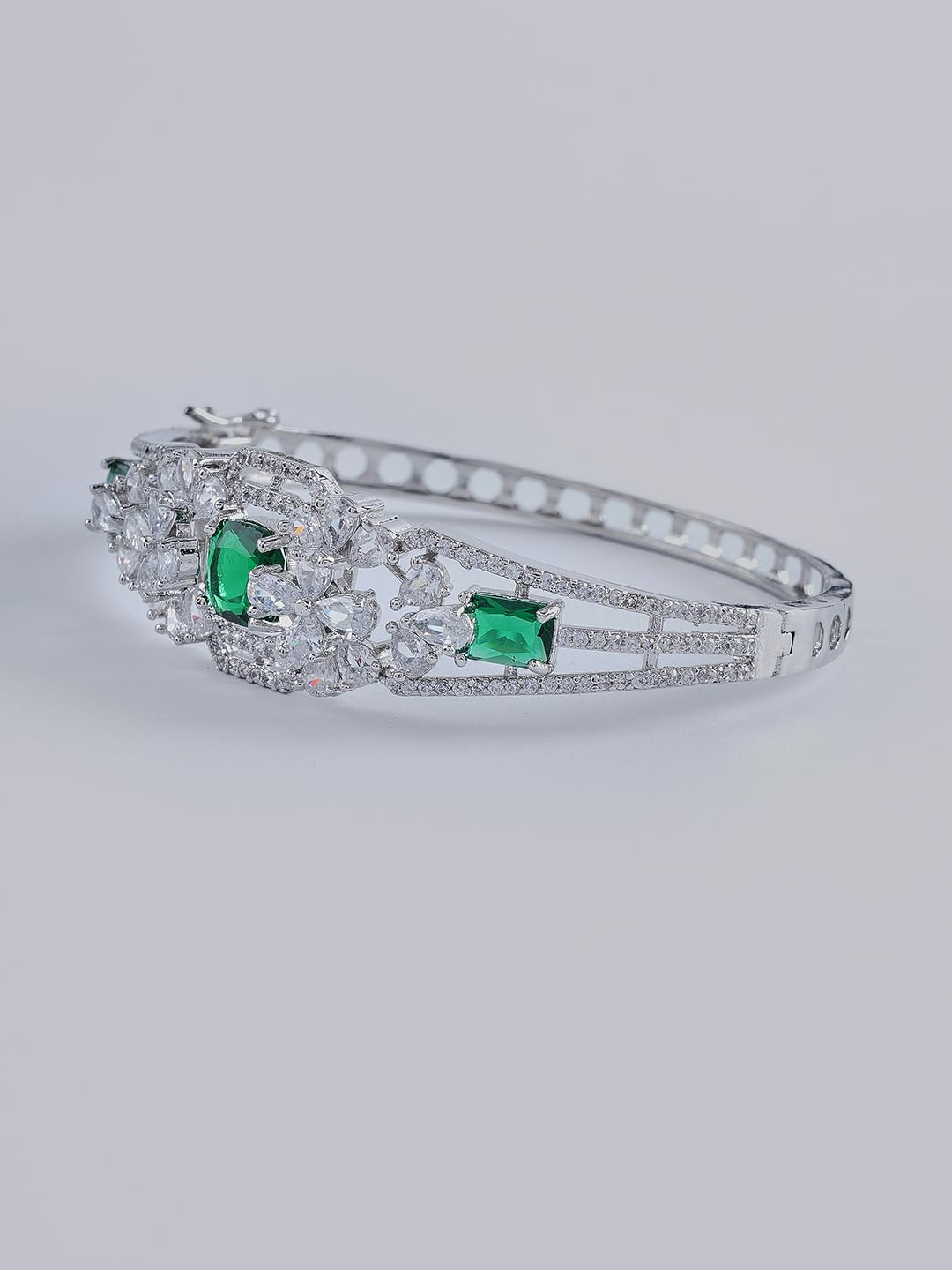 KAYRAH Silver Toned Green Stone Crystal Statement Bracelet for Women