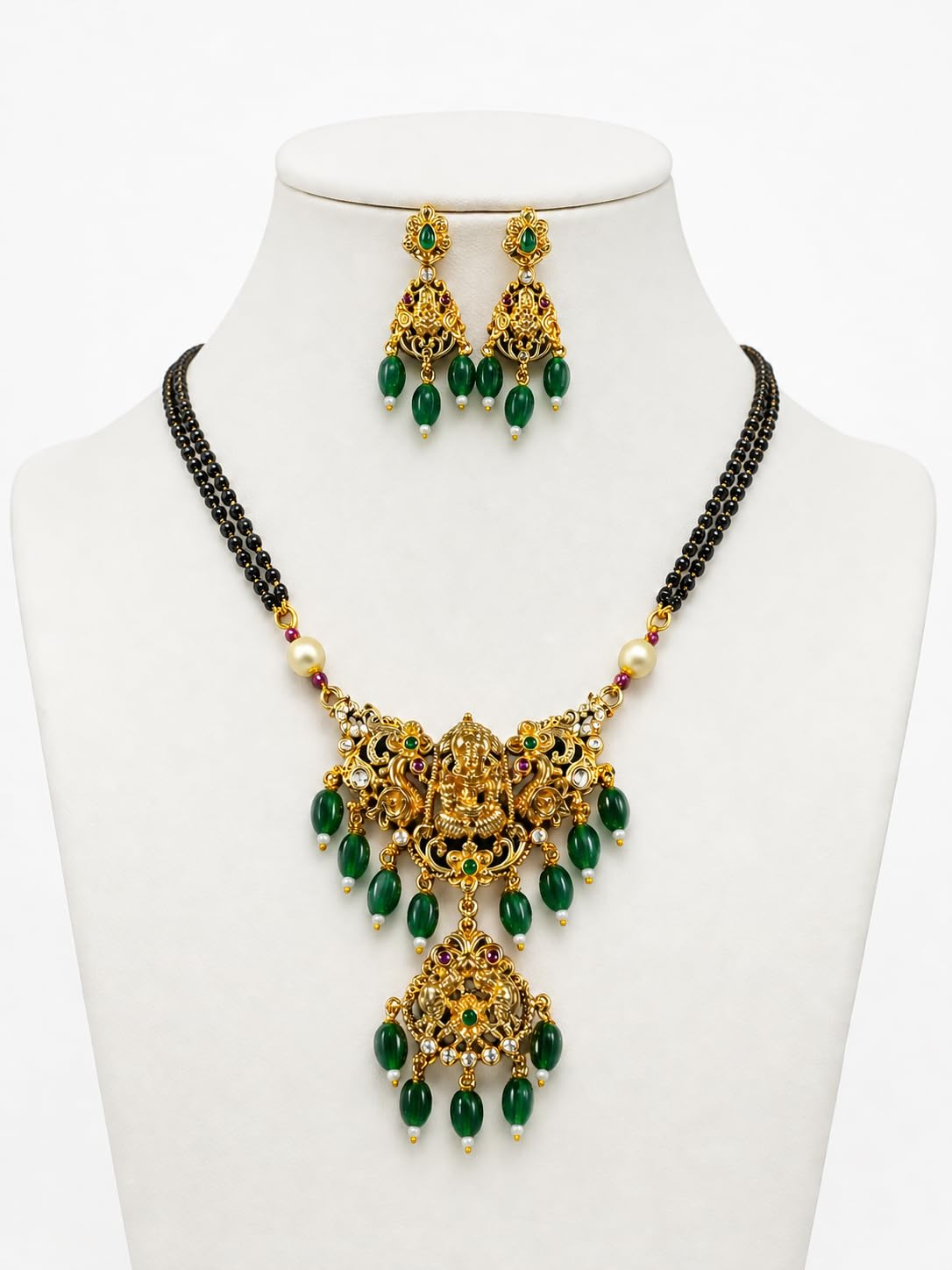 KAYRAH Gold Plated Temple Mangalsutra Necklace Set with Earrings, Lakshmi Design, Red Beads, Brass, Traditional Bridal Ethnic Jewellery with Matching Earrings with Matching Earrings