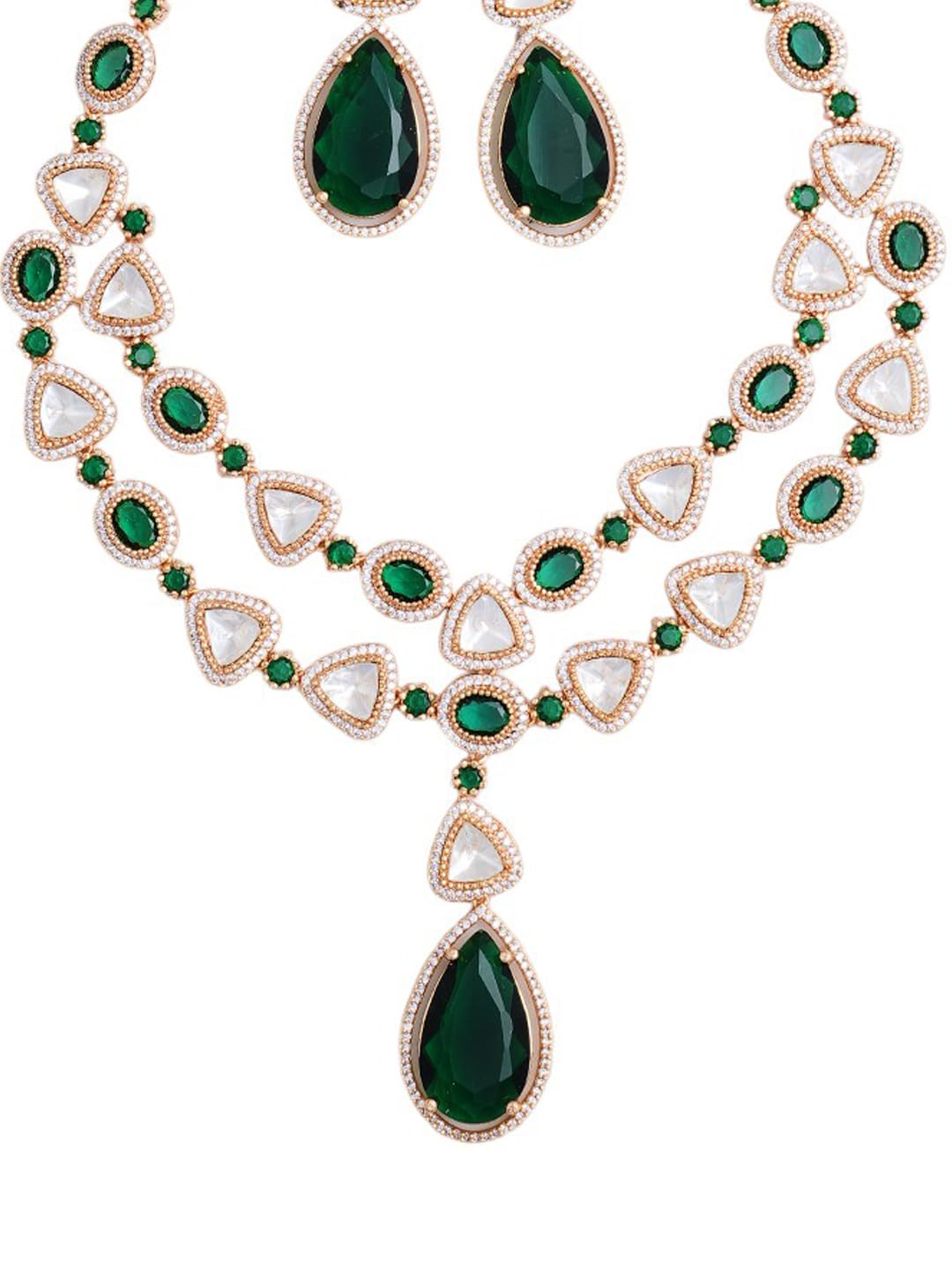 KAYRAH Rose Gold Plated Green Stone Necklace Set for Women Stylish with Matching Earrings with Matching Earrings