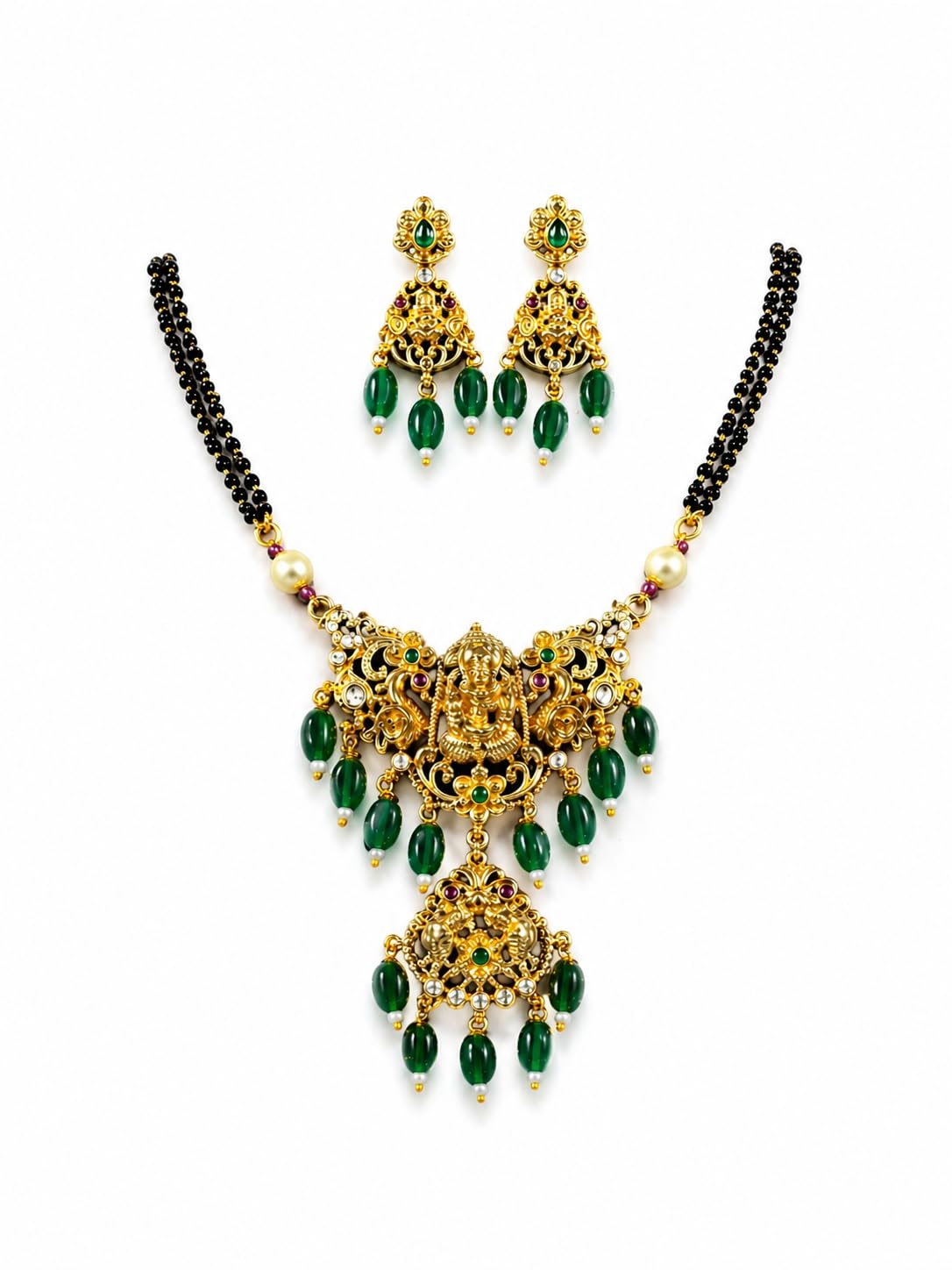 KAYRAH Gold Plated Temple Mangalsutra Necklace Set with Earrings, Lakshmi Design, Red Beads, Brass, Traditional Bridal Ethnic Jewellery with Matching Earrings with Matching Earrings