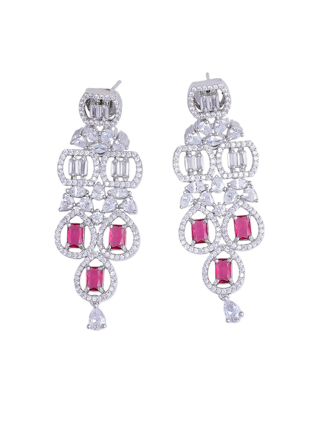 KAYRAH Women Pink Brass Material Crafted CZ Stone Studed Necklace with Earrings with Matching Earrings with Matching Earrings