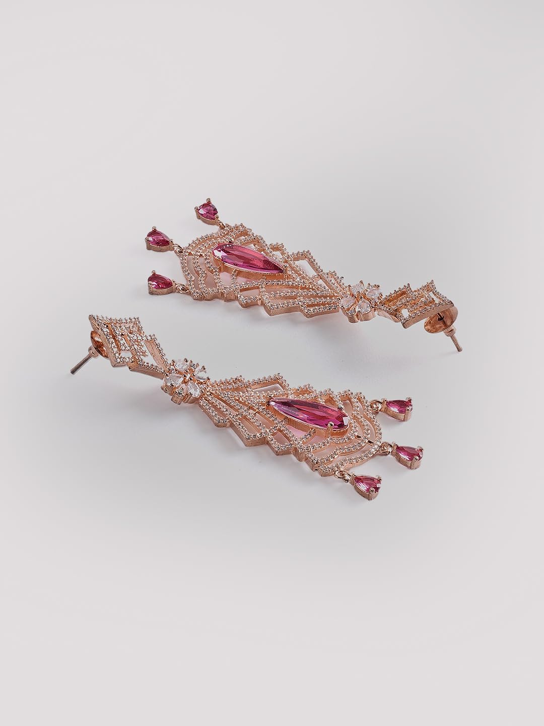 Rose Gold Plated Pink Stone Chandelier Earrings for Women | Long Dangle Fashion Jewellery Earrings for Girls | Stylish Statement Earrings Gift for Women