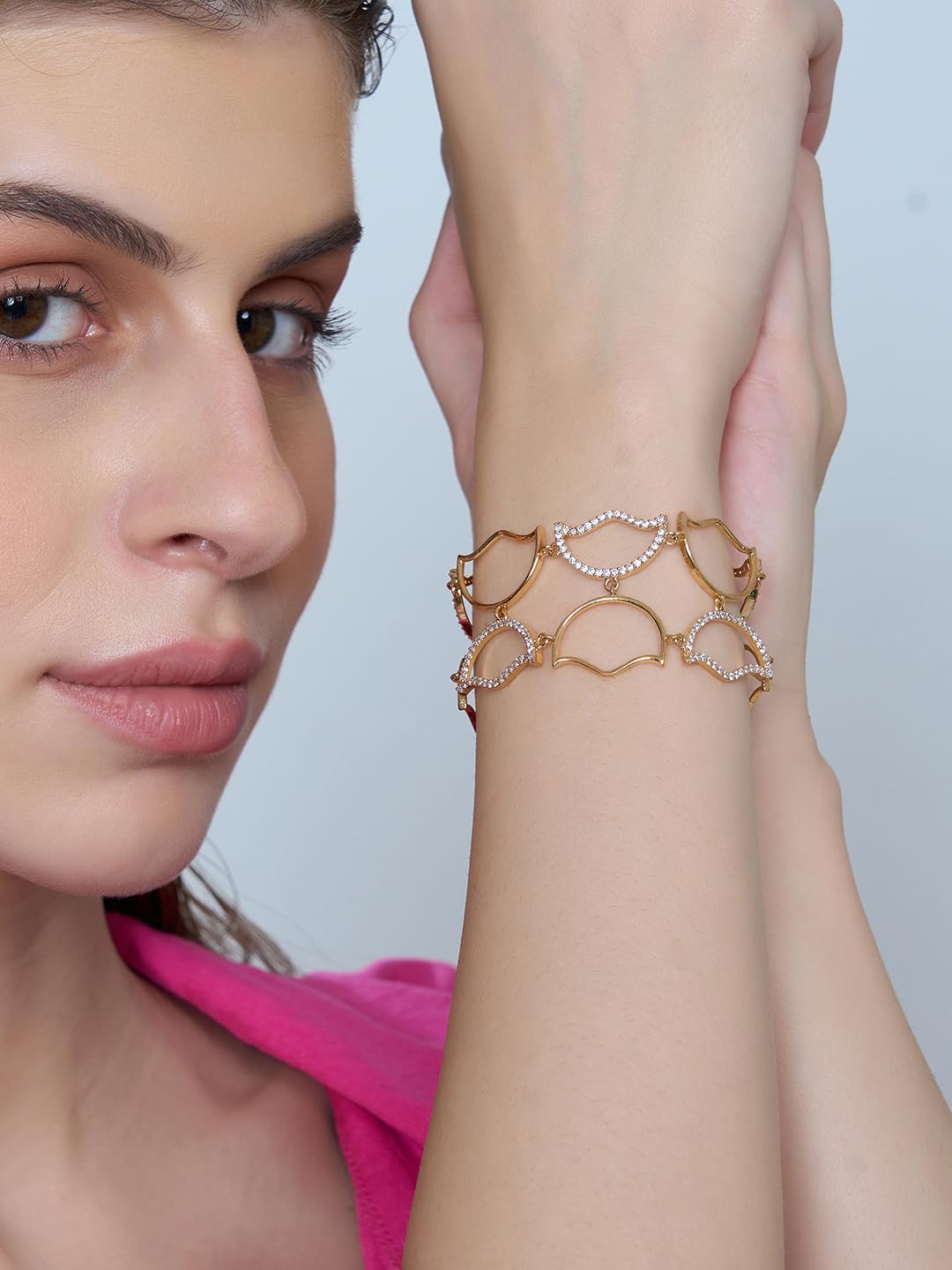 KAYRAH Gold Plated Crystal Geometric Link Bracelet for Women Stylish Fashion Jewellery