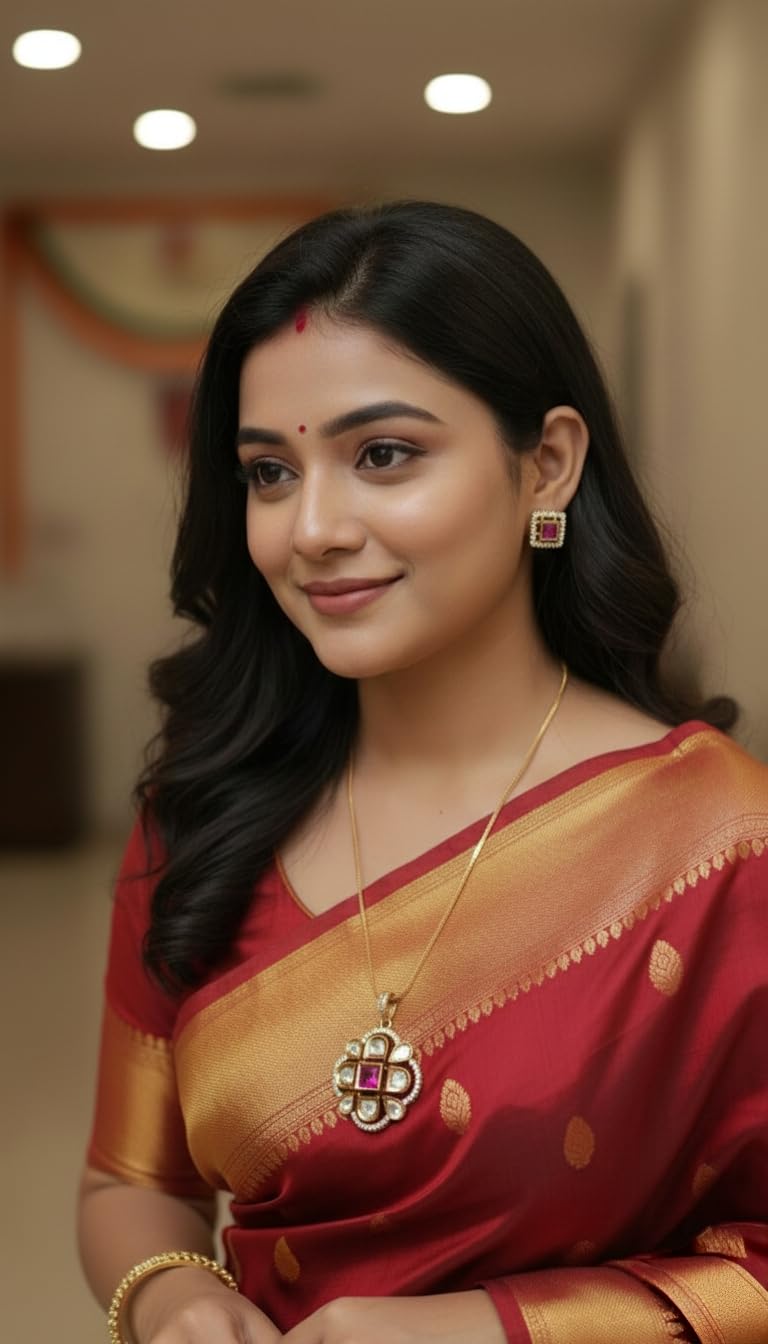 KAYRAH Women Red Brass Material Crafted Kundan Stone Studed Necklace with Earrings with Matching Earrings with Matching Earrings