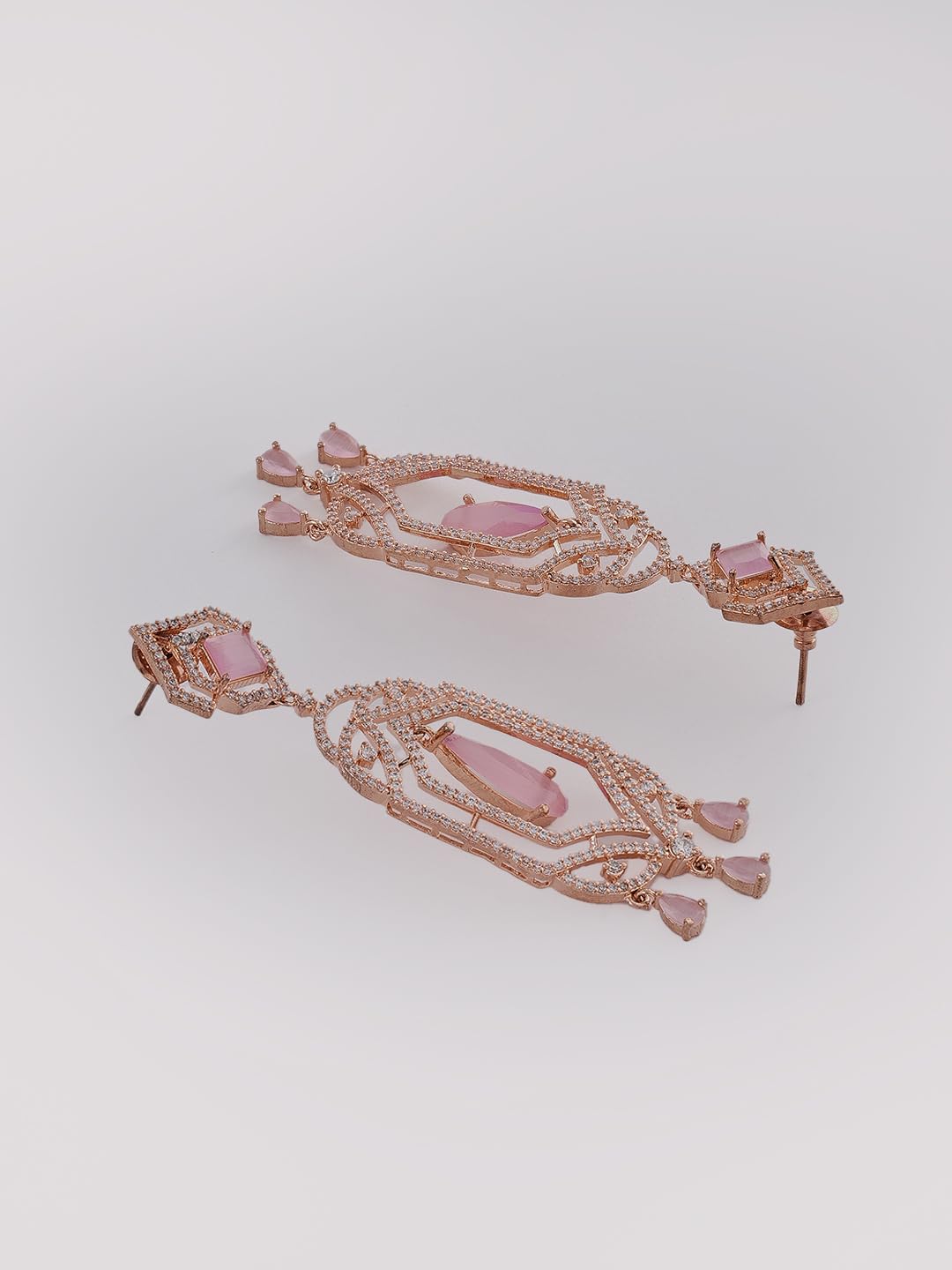 Rose Gold Plated Pink Stone Drop Earrings for Women | Geometric Fashion Jewellery Earrings for Girls | Stylish Dangle Earrings Gift for Women