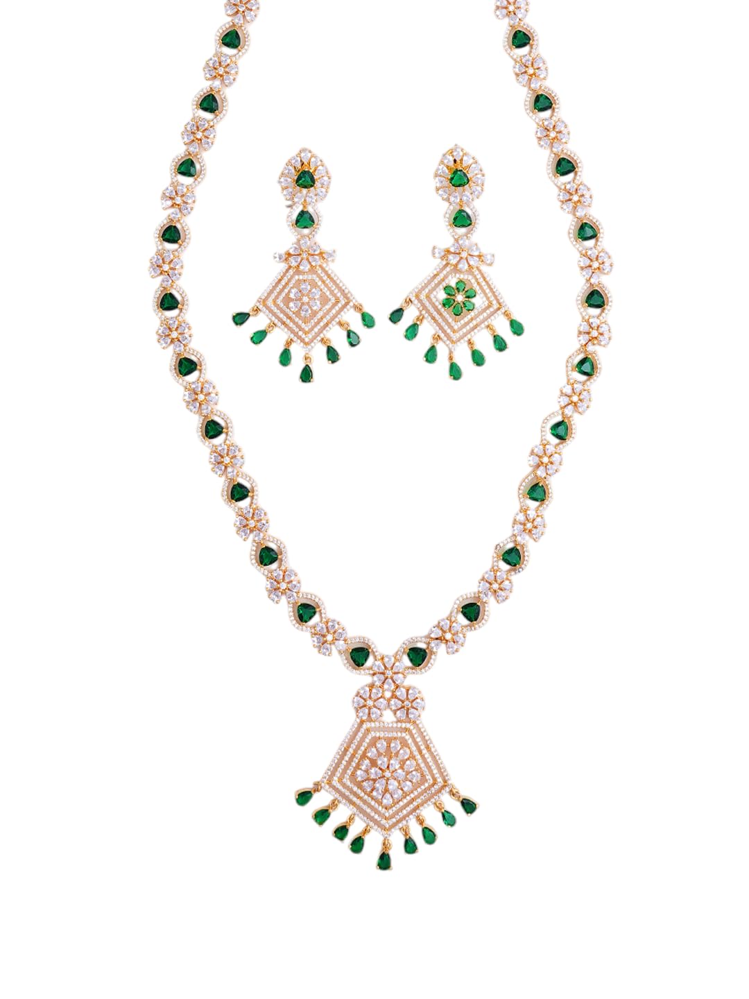 KAYRAH Gold Plated Green Stone Necklace Set for Women with Matching Earrings with Matching Earrings