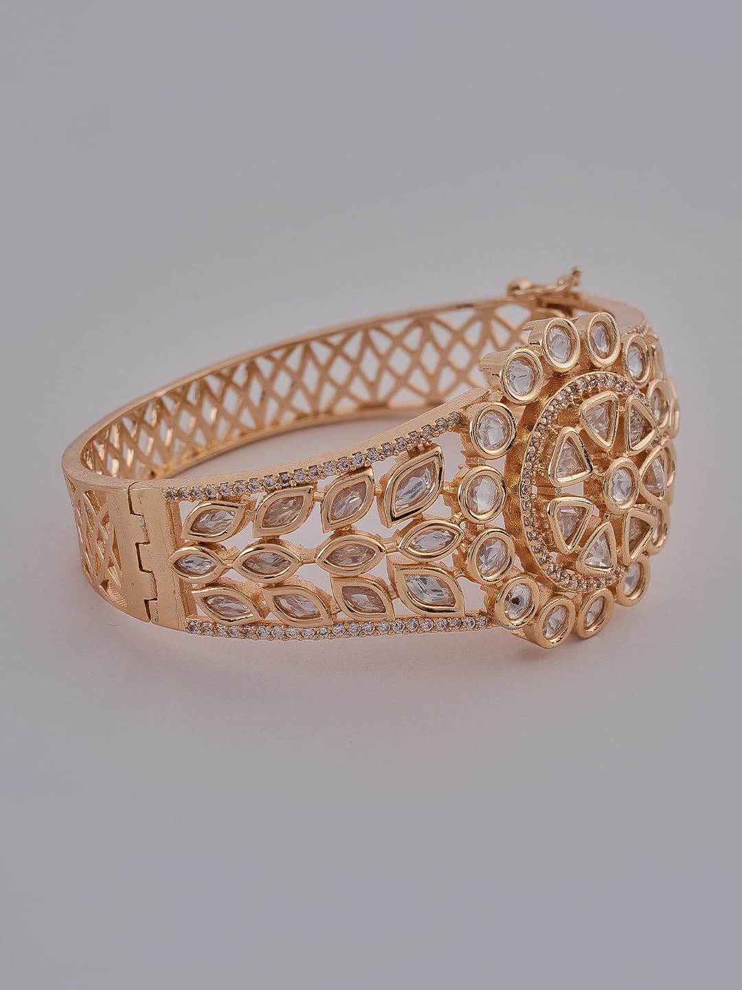 KAYRAH Gold Plated Floral Stone Studded Cuff Bracelet for Women Elegant Fashion Jewellery