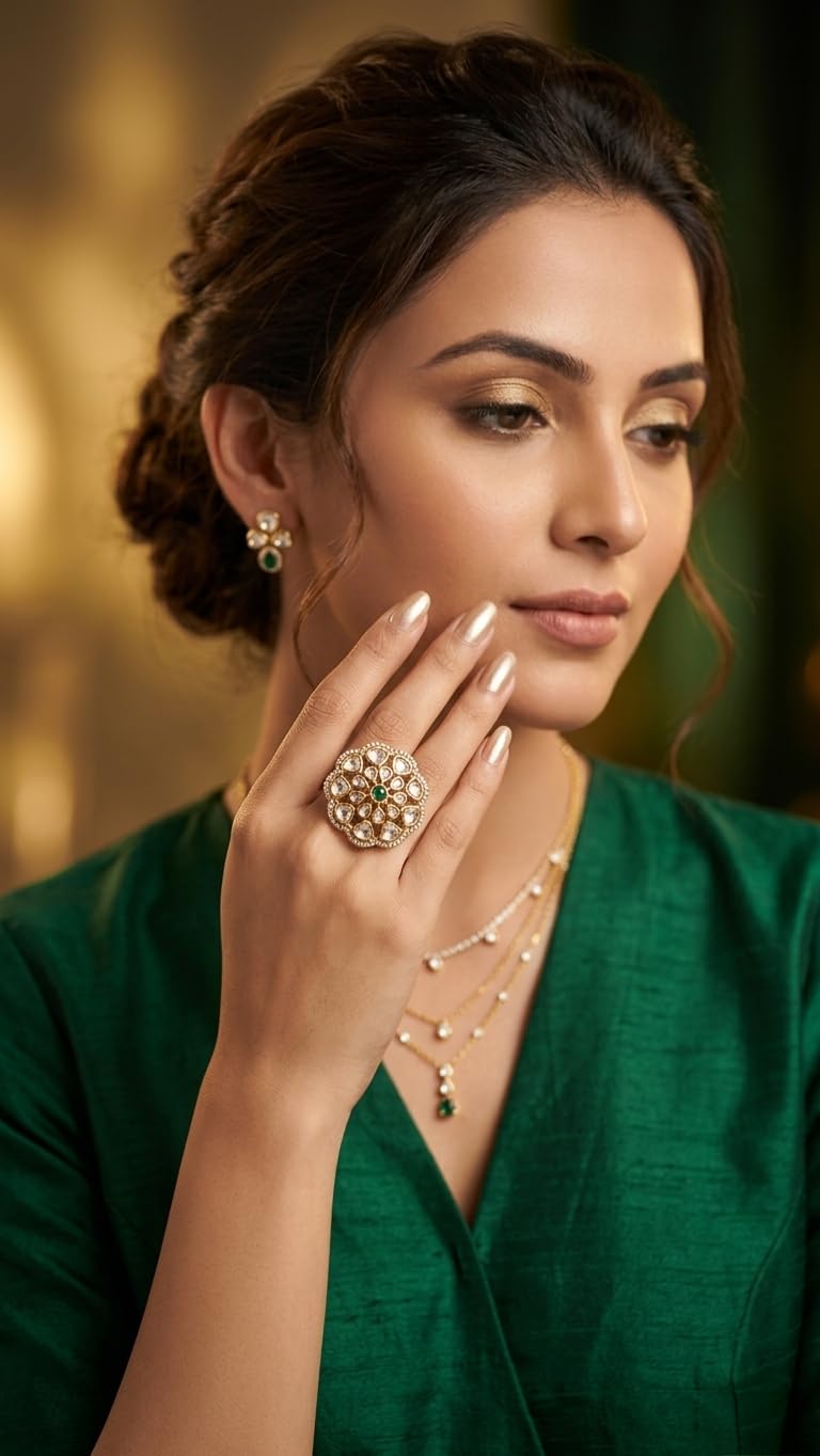 KAYRAH Gold Plated Floral Statement Ring with Green Stone, American Diamond, Cocktail Style, Free Size, Party & Wedding Fashion Jewellery