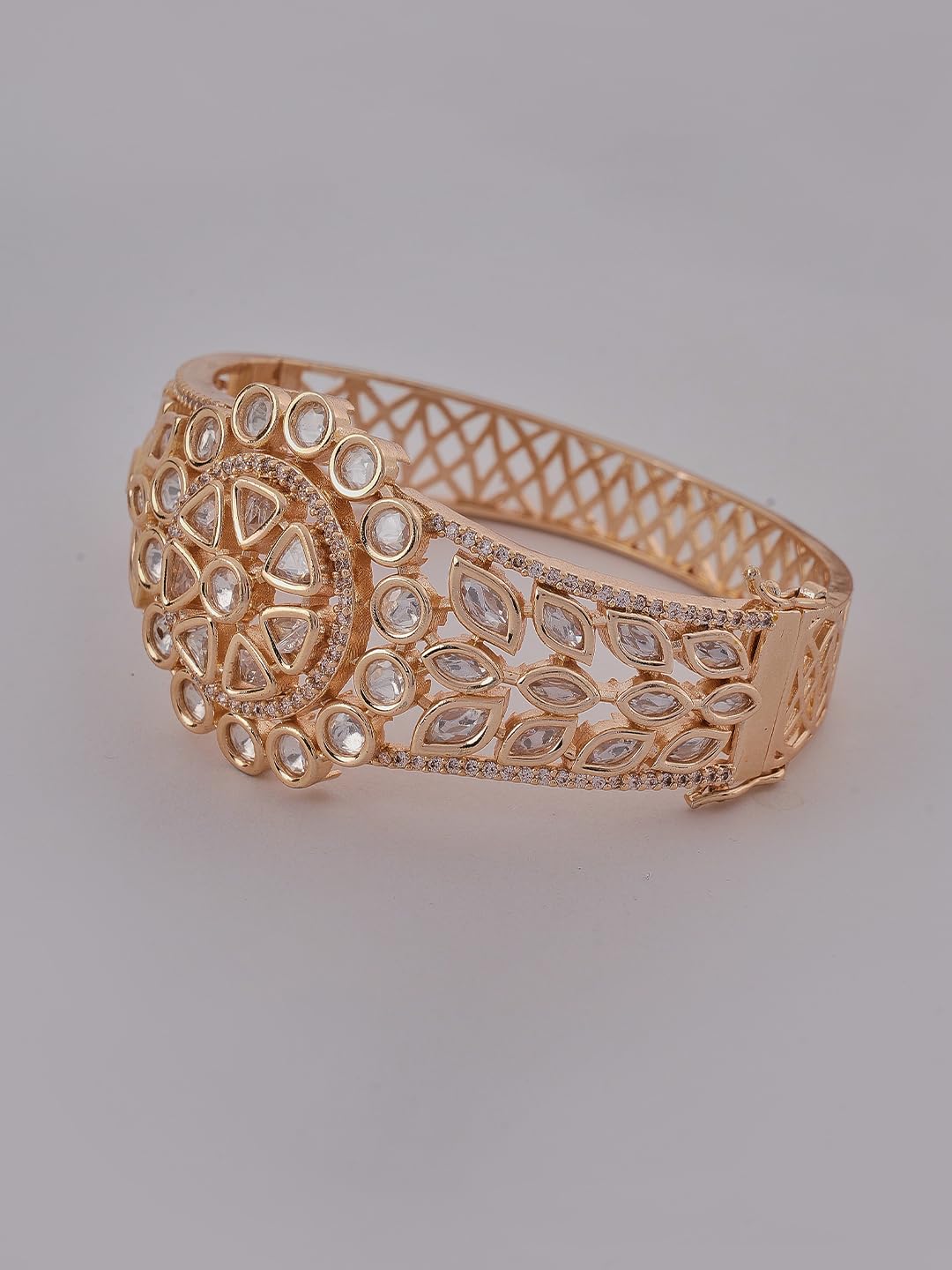KAYRAH Gold Plated Floral Stone Studded Cuff Bracelet for Women Elegant Fashion Jewellery