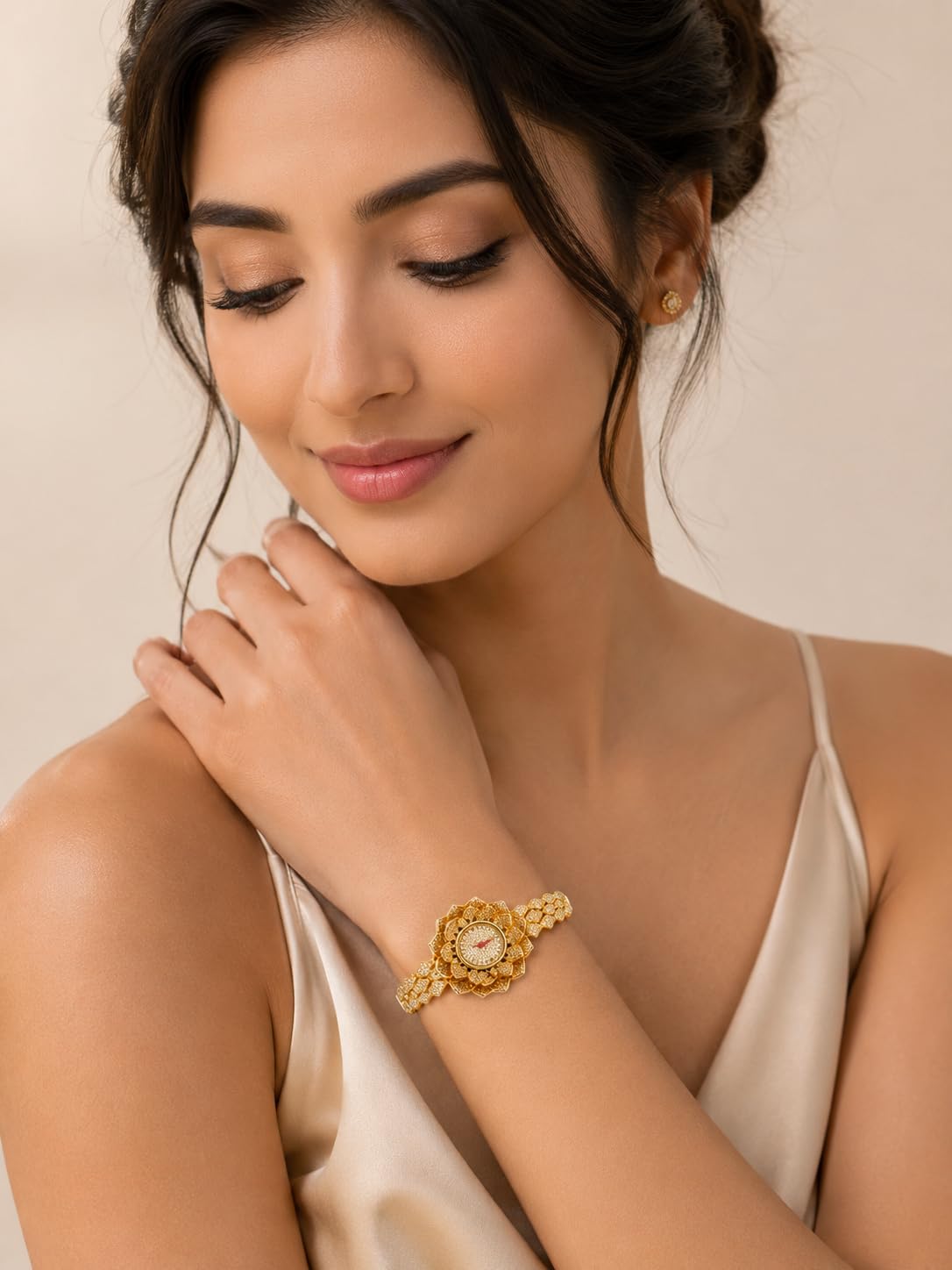 Gold Plated Floral Analog Bracelet Watch for Women