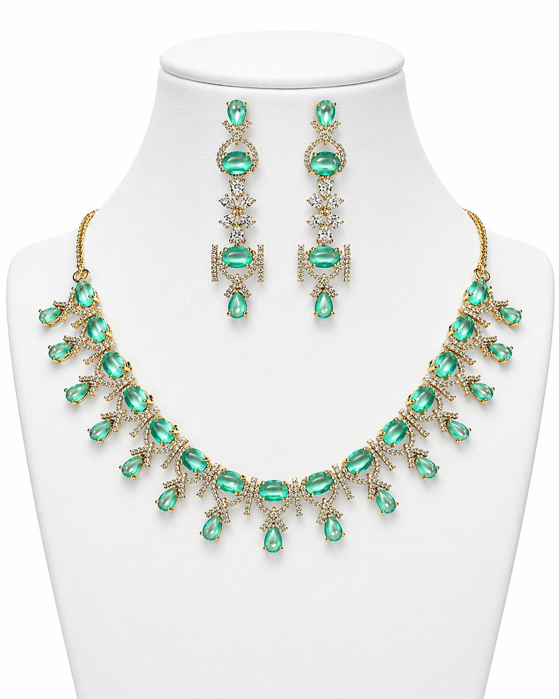 KAYRAH Gold Plated Emerald Green Cubic Zirconia Necklace Set with Earrings, Brass, Bridal Wedding Fashion with Matching Earrings with Matching Earrings