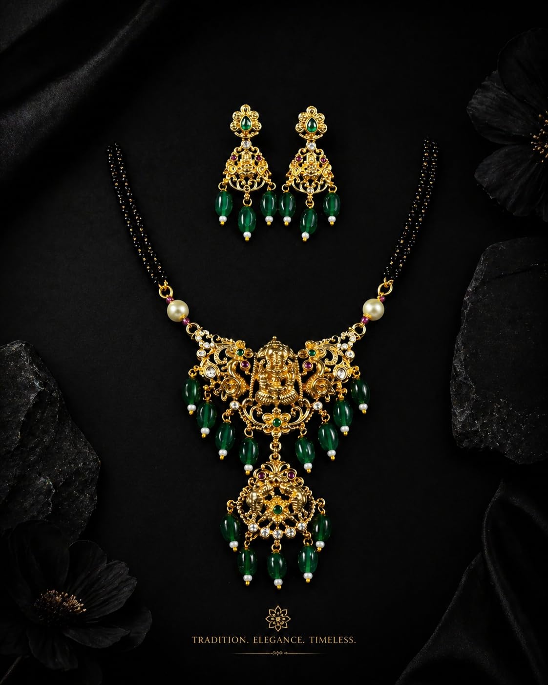 KAYRAH Gold Plated Temple Mangalsutra Necklace Set with Earrings, Lakshmi Design, Red Beads, Brass, Traditional Bridal Ethnic Jewellery with Matching Earrings with Matching Earrings