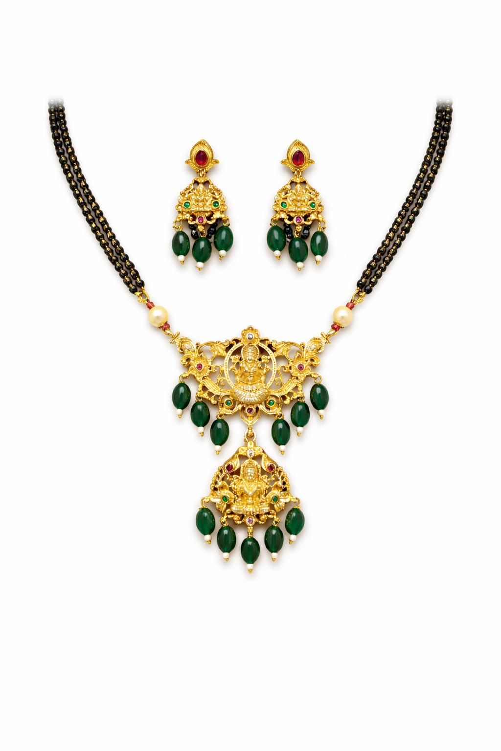 KAYRAH Gold Plated Mangalsutra Necklace Set with Earrings, Traditional Temple Jewellery, Red Beads, Brass, Bridal Wedding with Matching Earrings with Matching Earrings
