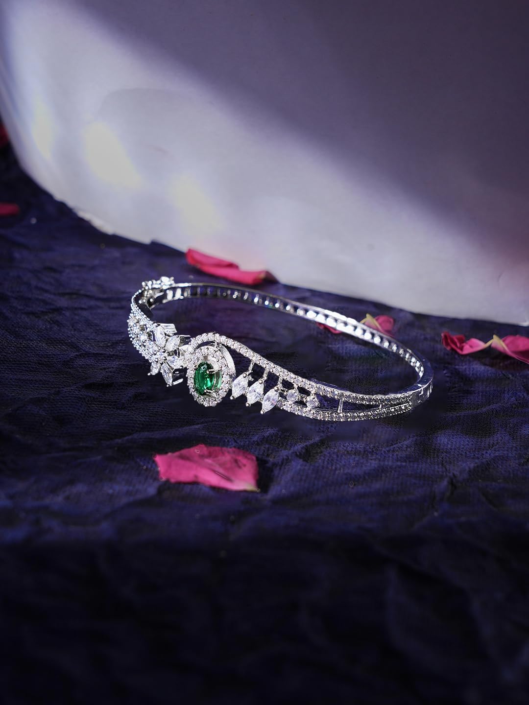 KAYRAH Silver Toned Green Stone Floral Crystal Bracelet for Women