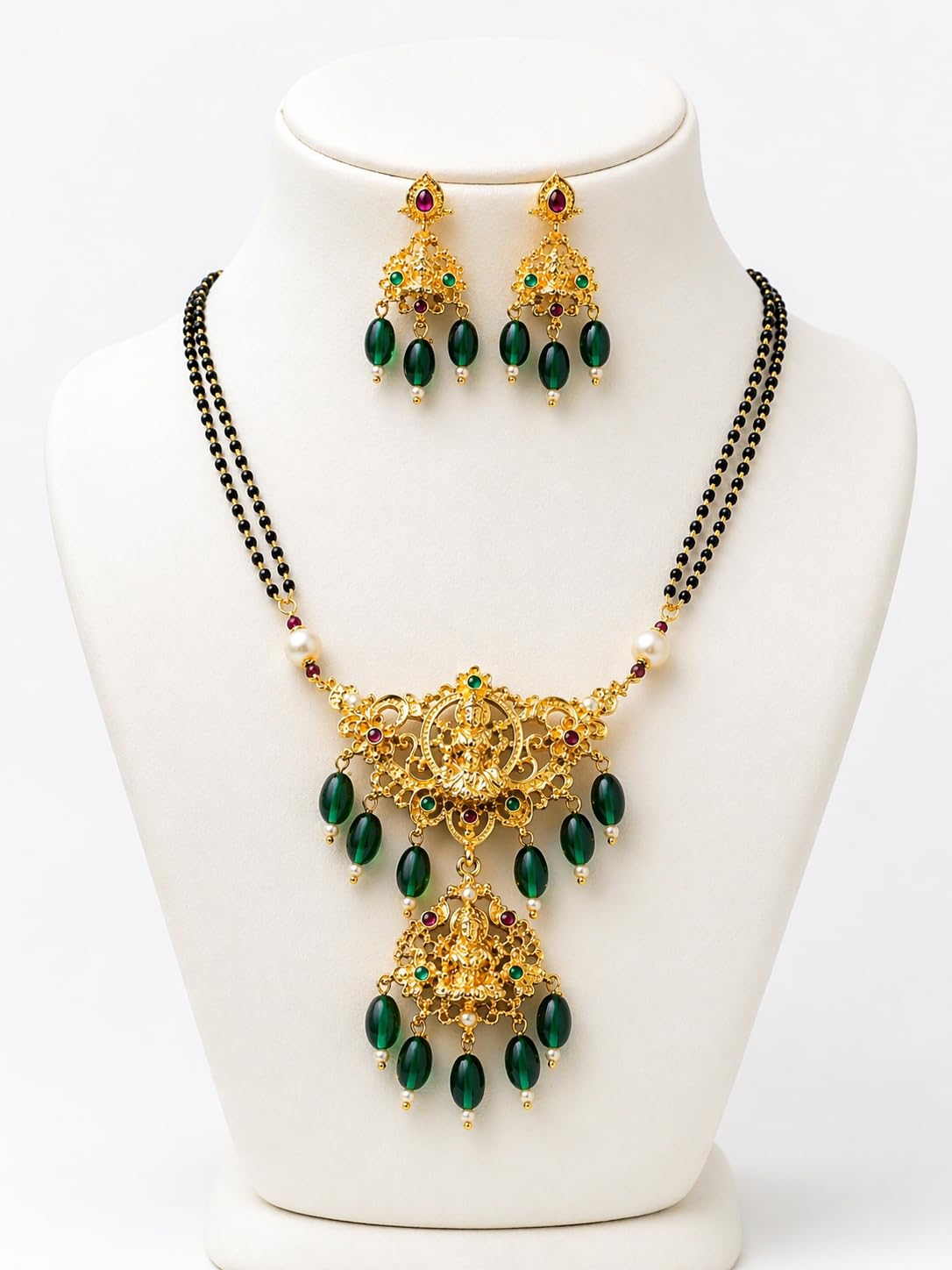 KAYRAH Gold Plated Mangalsutra Necklace Set with Earrings, Traditional Temple Jewellery, Red Beads, Brass, Bridal Wedding with Matching Earrings with Matching Earrings