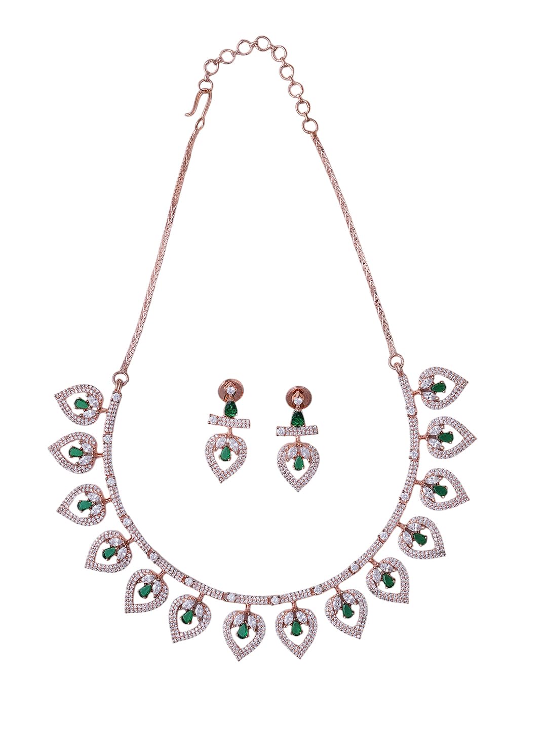 KAYRAH Women Green Brass Material Crafted CZ Stone Studed Necklace with Earrings with Matching Earrings with Matching Earrings