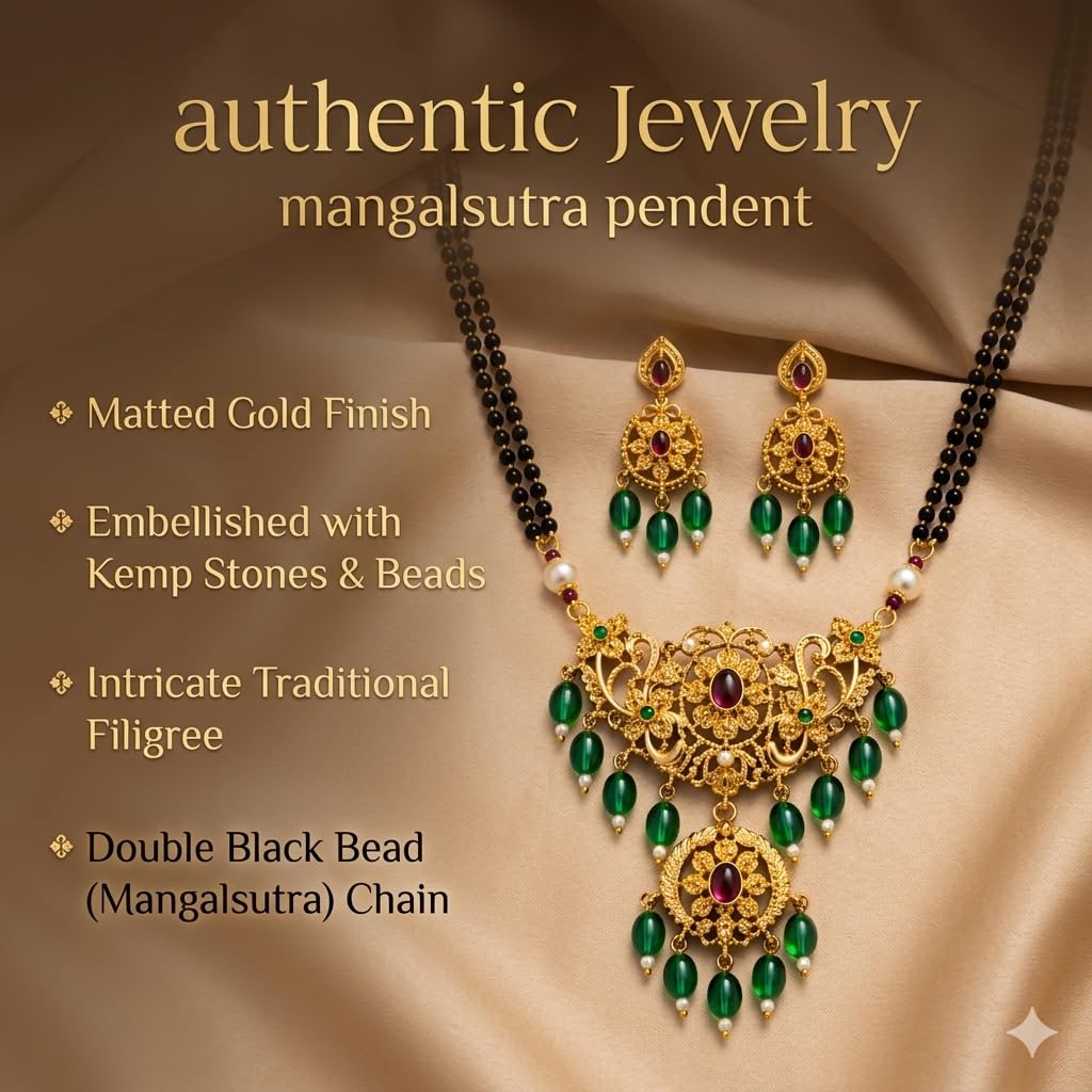 KAYRAH Gold Plated Temple Necklace Set, Lakshmi Pendant Mangalsutra Style, Jhumka Earrings, Traditional South Indian Wedding Jewellery with Matching Earrings with Matching Earrings