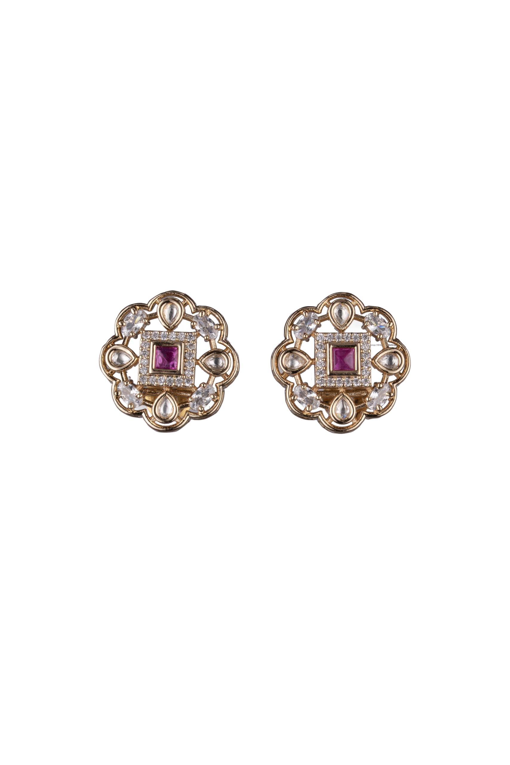 Gold Plated Pink Stone Floral Stud Earrings for Women Stylish | Traditional Fashion Jewellery Earrings for Girls | Elegant Earrings Gift for Women