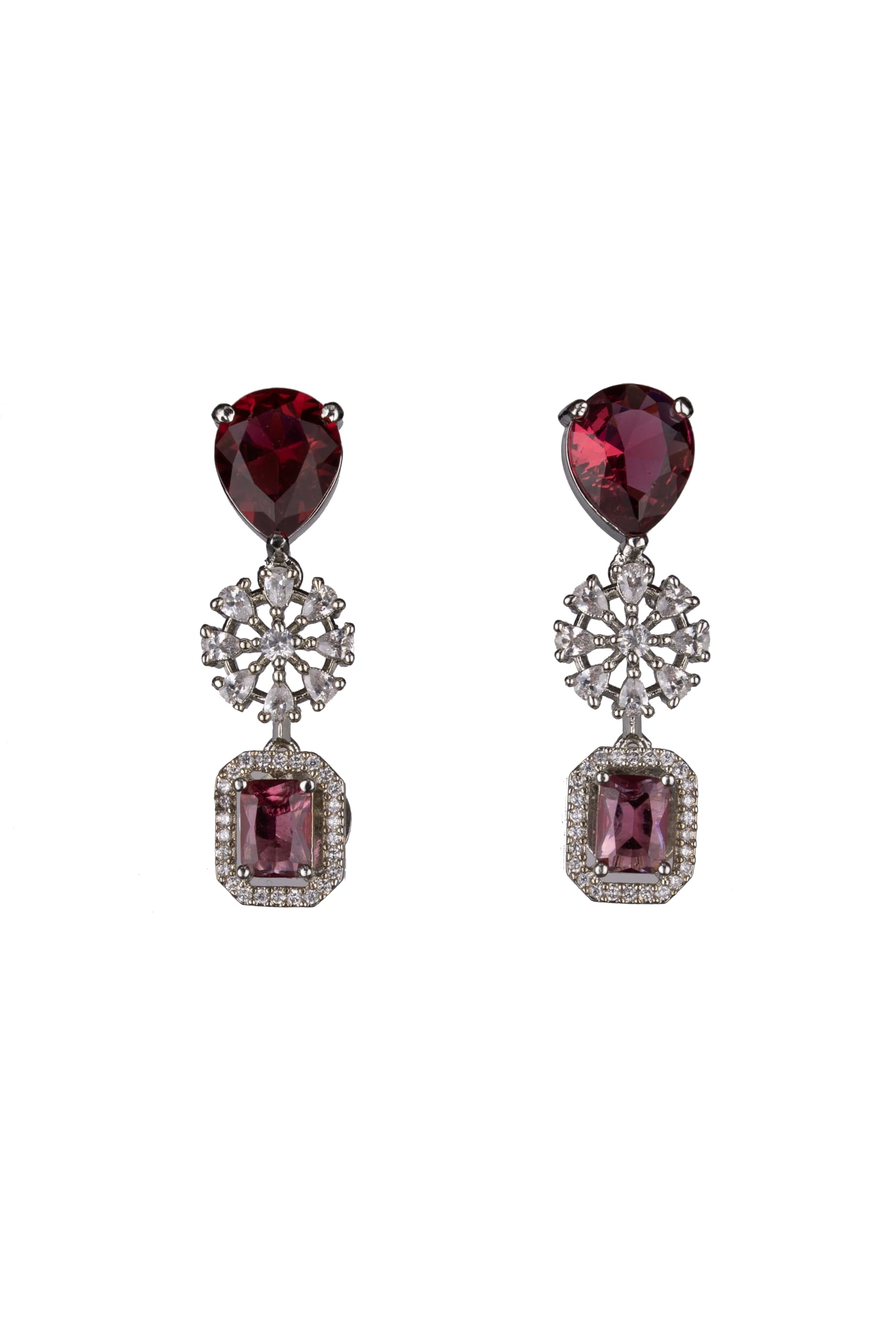 Silver Plated Red Stone Drop Earrings for Women | Statement Fashion Jewellery Earrings for Girls | Elegant Dangle Earrings Gift for Women