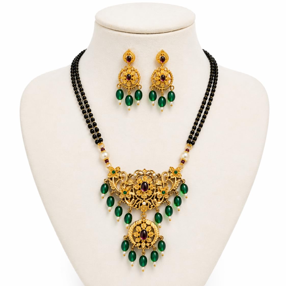 KAYRAH Gold Plated Temple Necklace Set, Lakshmi Pendant Mangalsutra Style, Jhumka Earrings, Traditional South Indian Wedding Jewellery with Matching Earrings with Matching Earrings