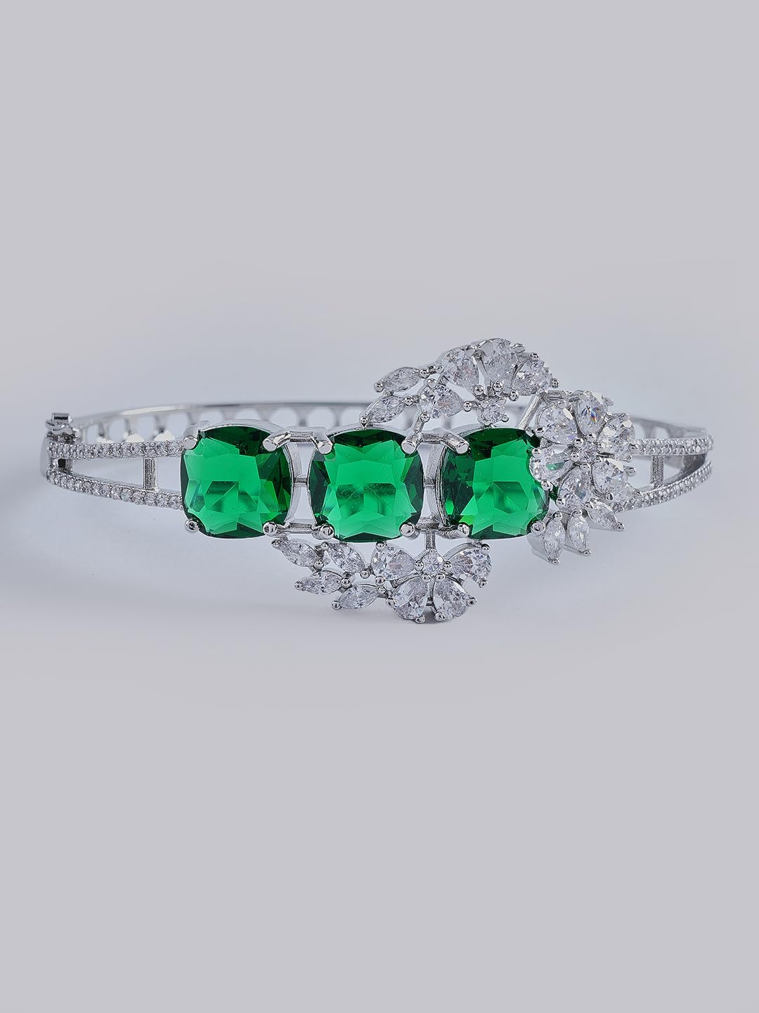KAYRAH Silver Toned Green Stone Floral Statement Bracelet for Women
