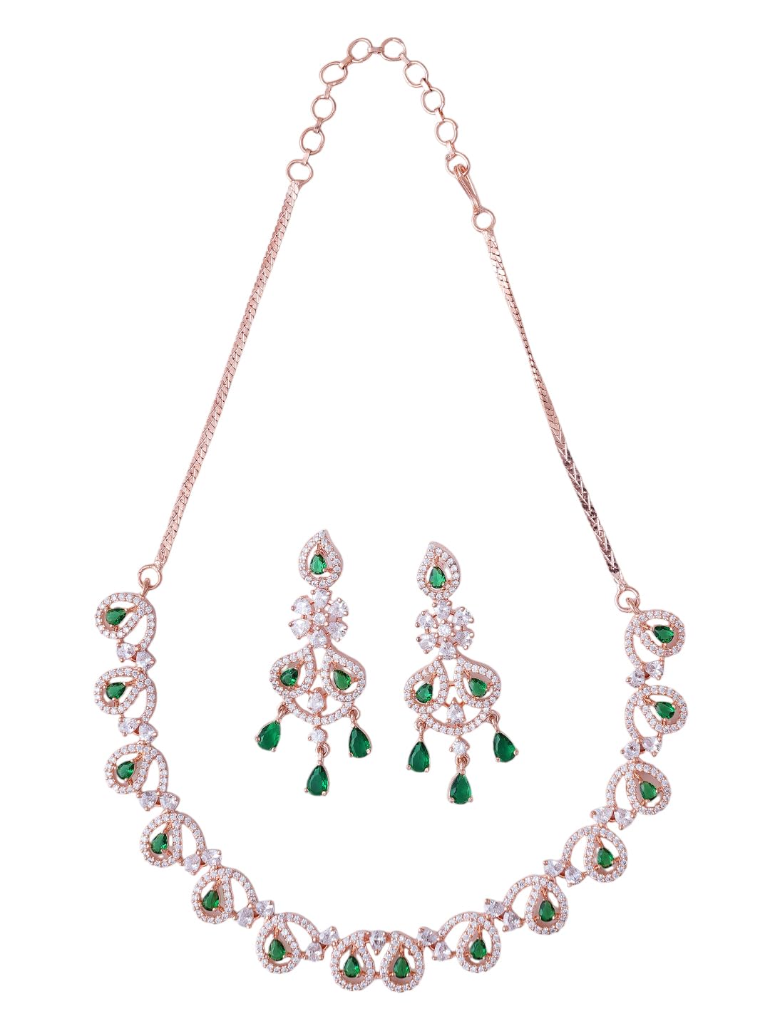 KAYRAH Women Green Brass Material Crafted CZ Stone Studed Necklace with Earrings with Matching Earrings with Matching Earrings