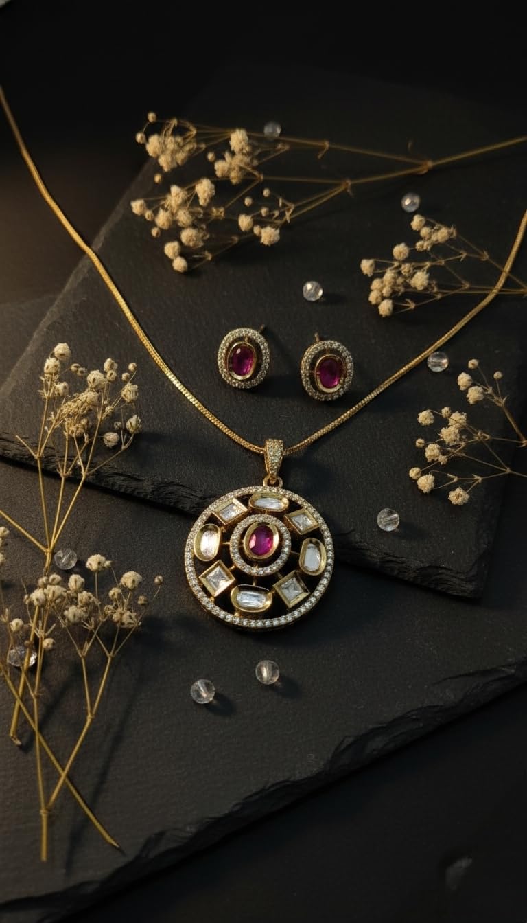 KAYRAH Women Green Brass Material Crafted Kundan Stone Studed Necklace with Earrings with Matching Earrings with Matching Earrings